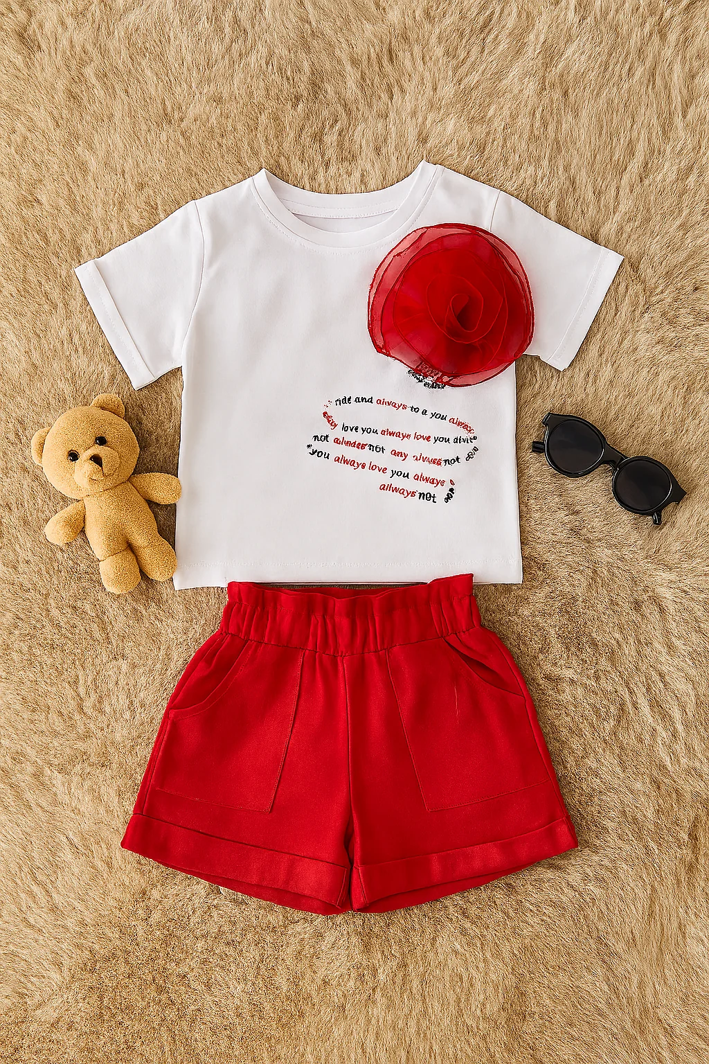 Gül Aksesuarlı Yazı Baskılı İkili Takım