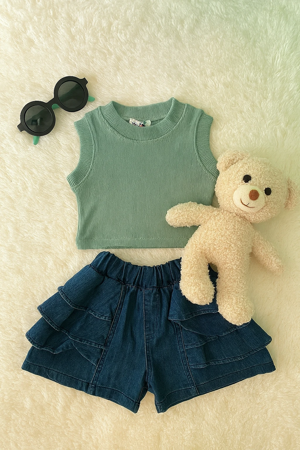 Fırfırlı Kat Kat Şort Etek İkili Takım - Su Yeşili