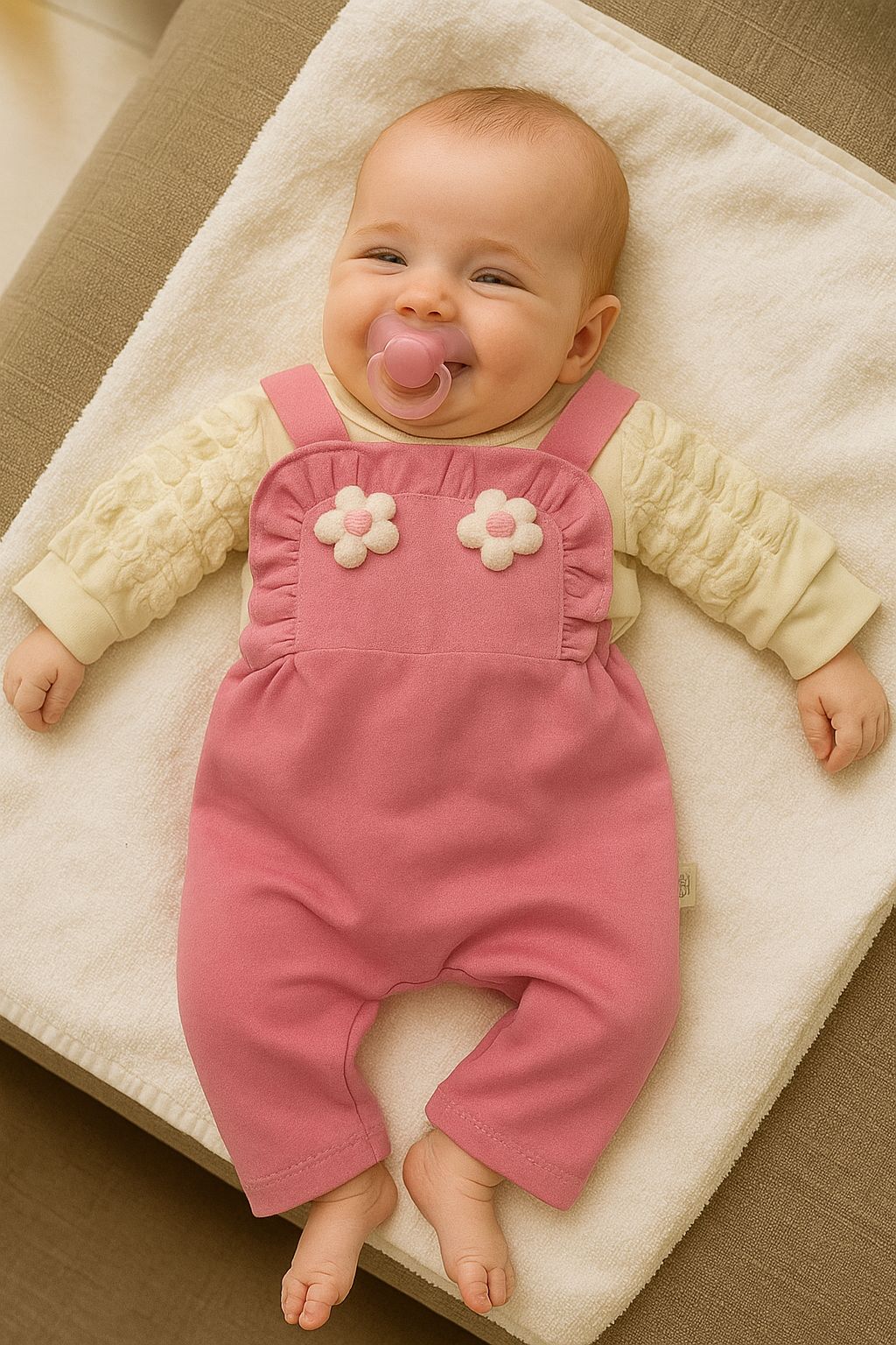 Şişme Kol Detaylı Papatyalı 2'li Salopet Tulum Set - Pembe