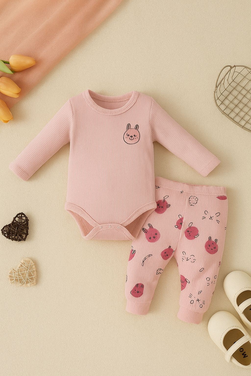 İkili Desenli Kız Bebek Takım - Pembe