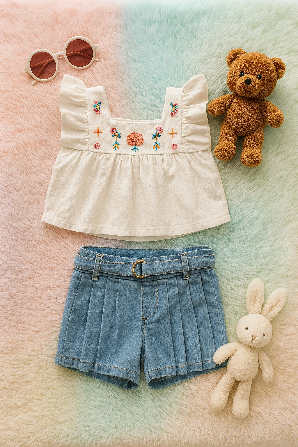 Nakışlı Fırfırlı Bluz Şort Etekli Takım