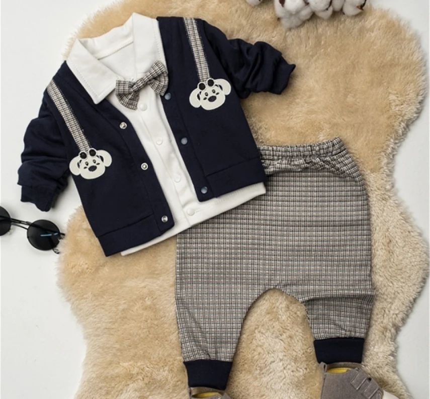 Papyonlu Nakışlı 3'lü Takım - Lacivert