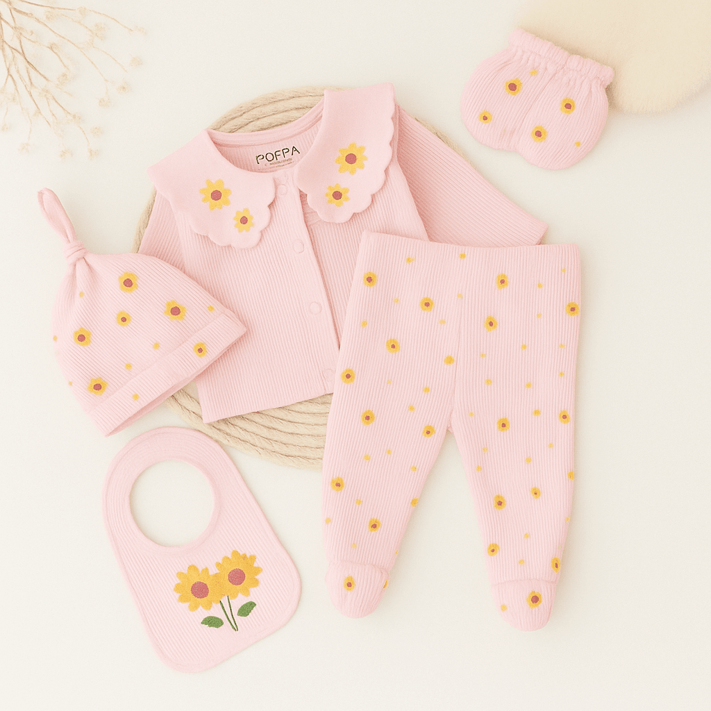 Premium Papatyalı 5'li Hastana Çıkış Zıbın Seti - Şık Pembe