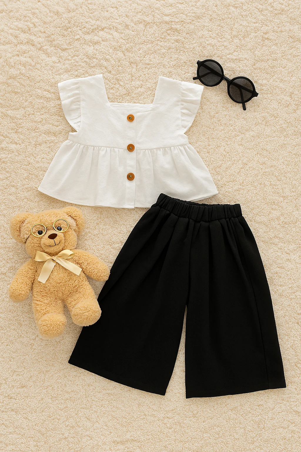 Kare Yaka Kolları Fırfırlı Bluz Takım