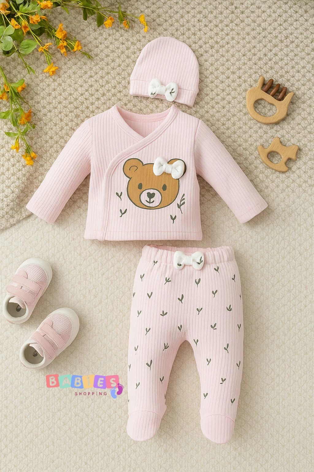 Ayıcık Baskılı Üçlü Yenidoğan Hastane Çıkışı - Pembe