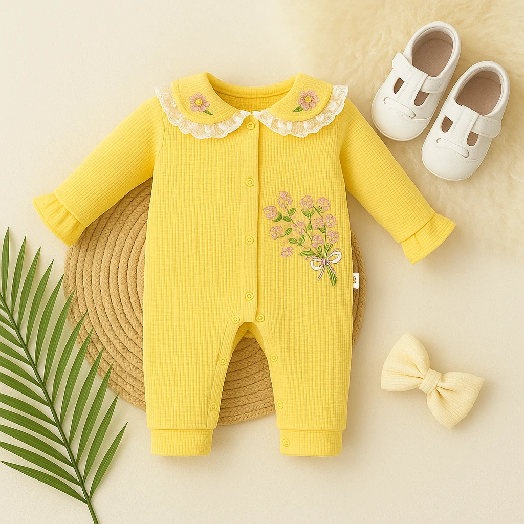 Çıtır Nakışlı Yaka Dantelli Tulum - Sarı