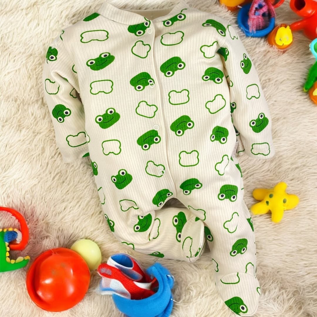 Sevimli Kurbağa Baskılı Unisex Bebek Bebek Tulum