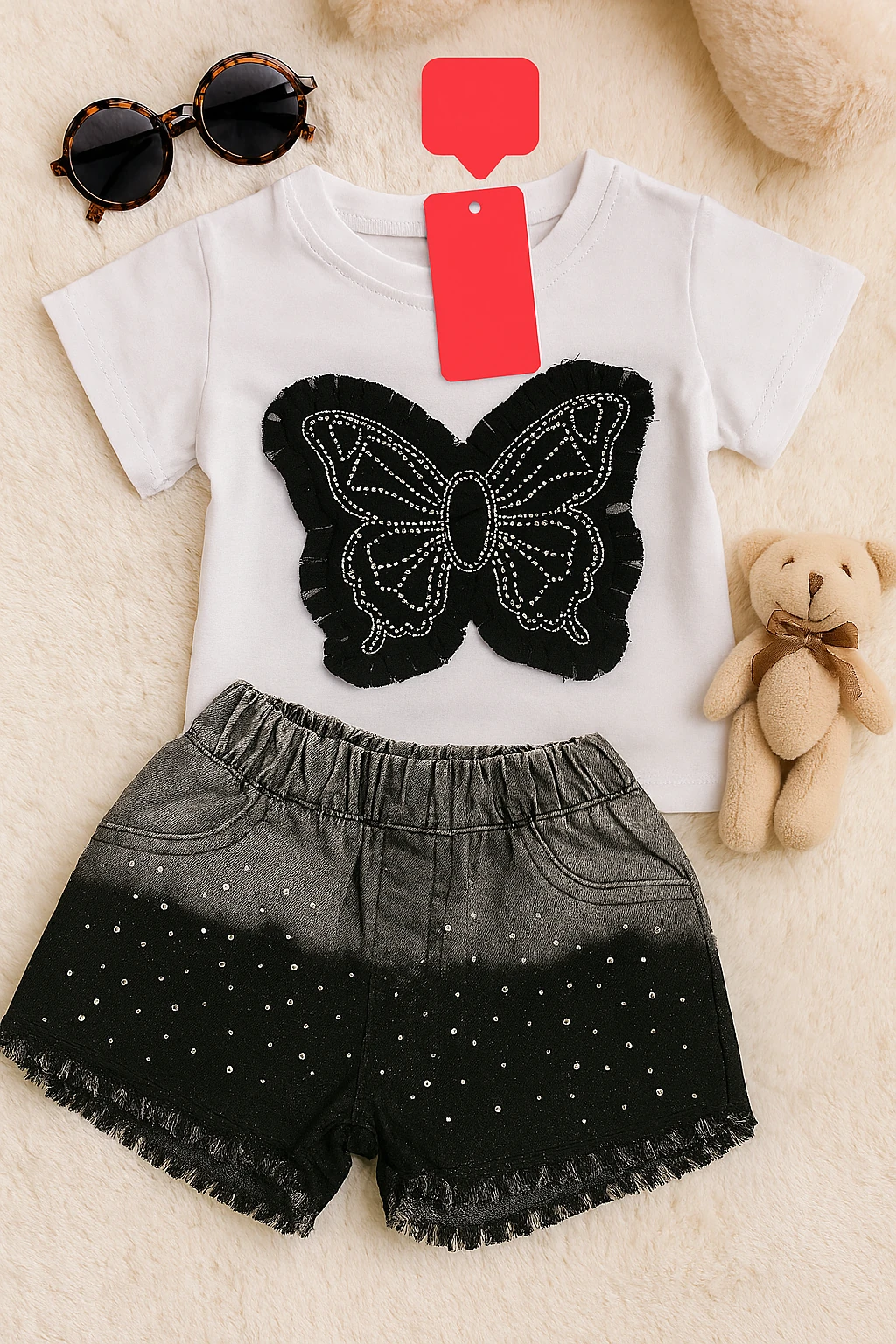 Taşlı Kelebek Efektli İkili Şortlu Takım
