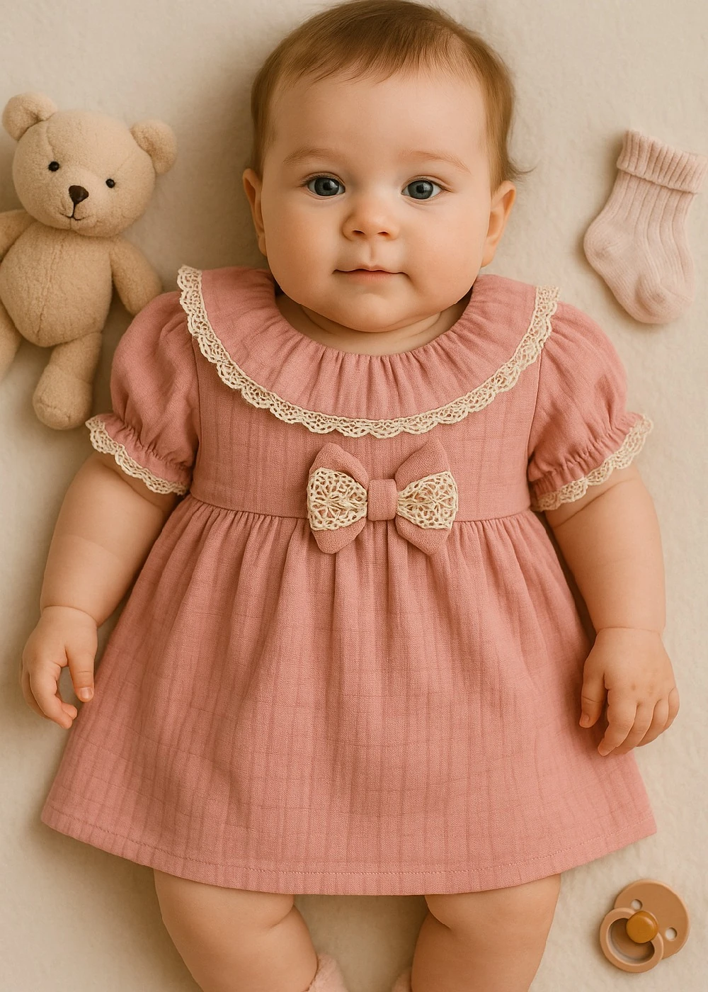 Yaka ve Kol Ucu Dantelli Fiyonk İşlemeli Yazlık Elbise - Pembe