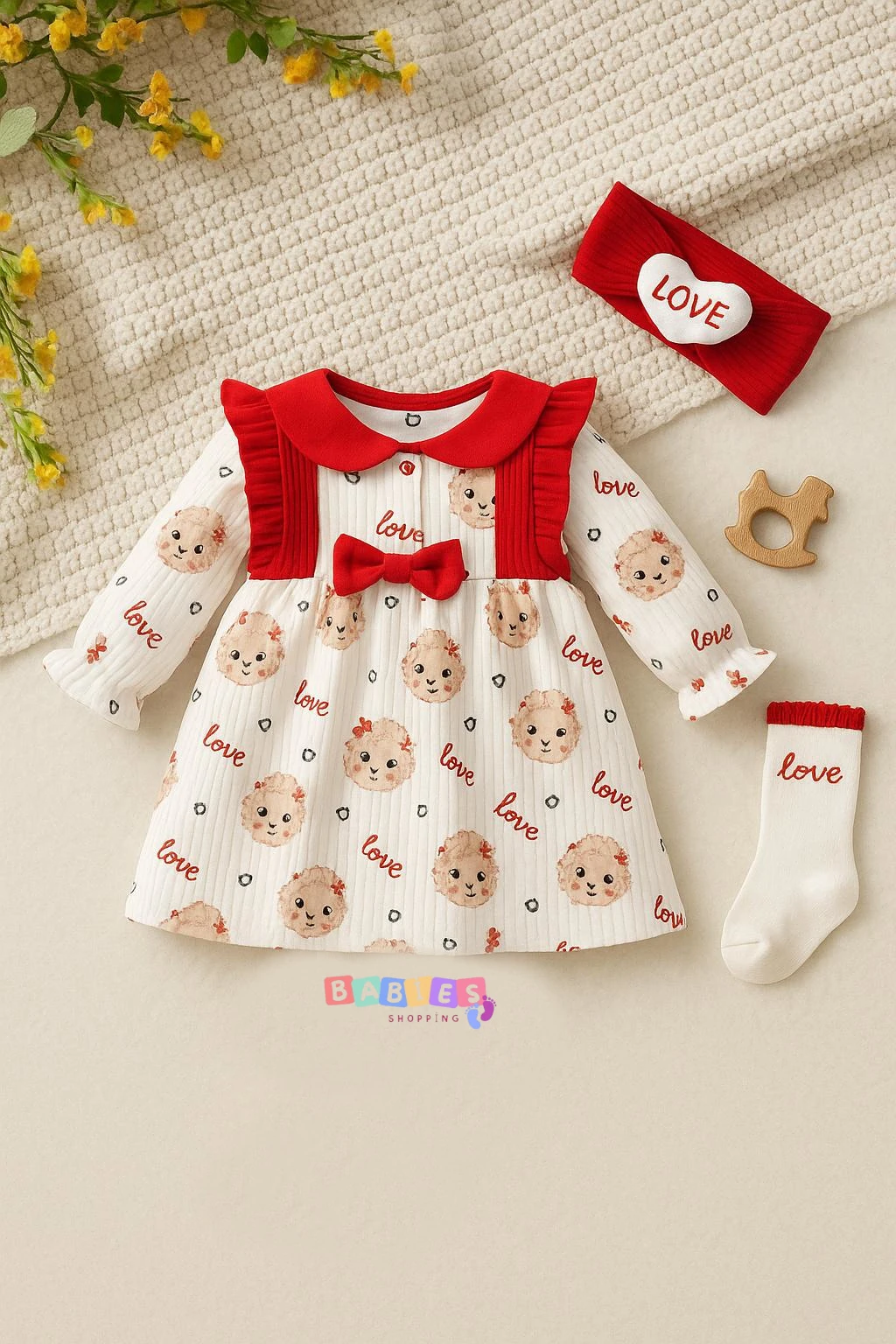 Kalpli Çoraplı Saç Bantlı Üçlü Takım - Kırmızı