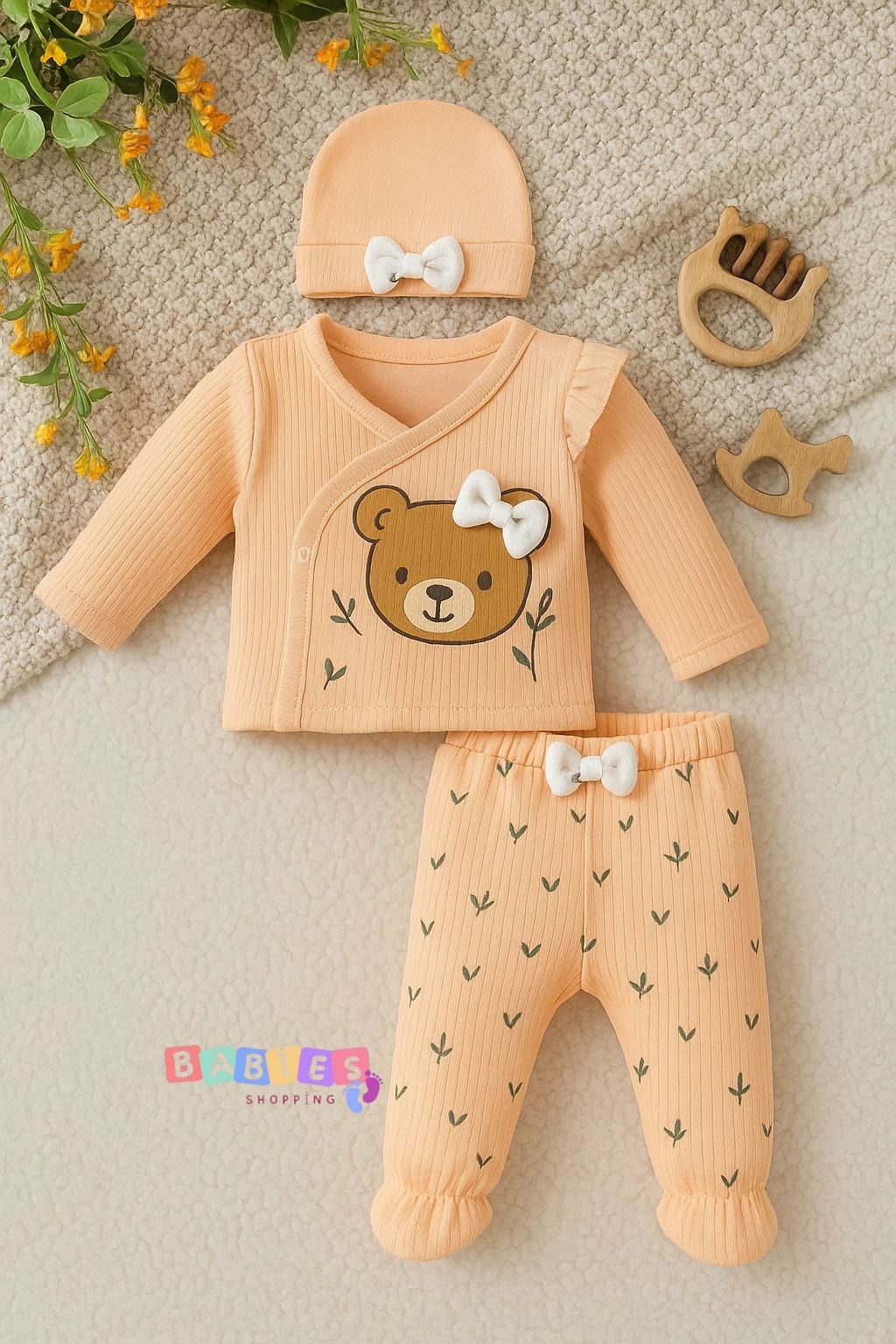 Ayıcık Baskılı Üçlü Yenidoğan Hastane Çıkışı - Somon