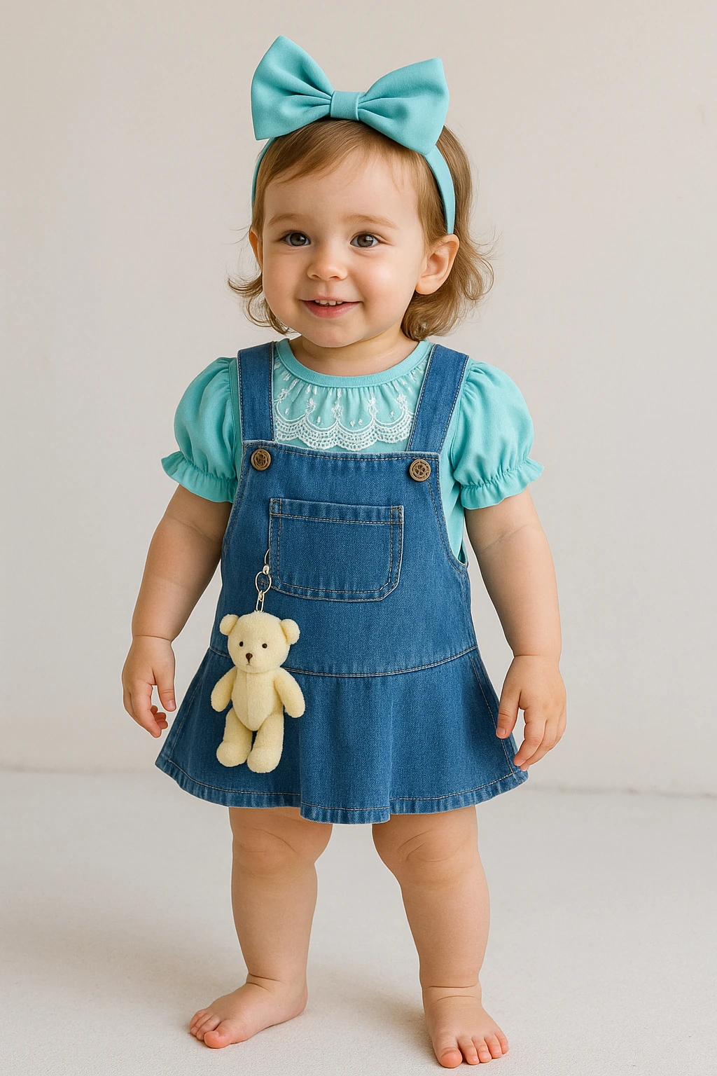 Ayıcık Oyuncaklı Dantel Yakalı Kot Elbise - Turkuaz