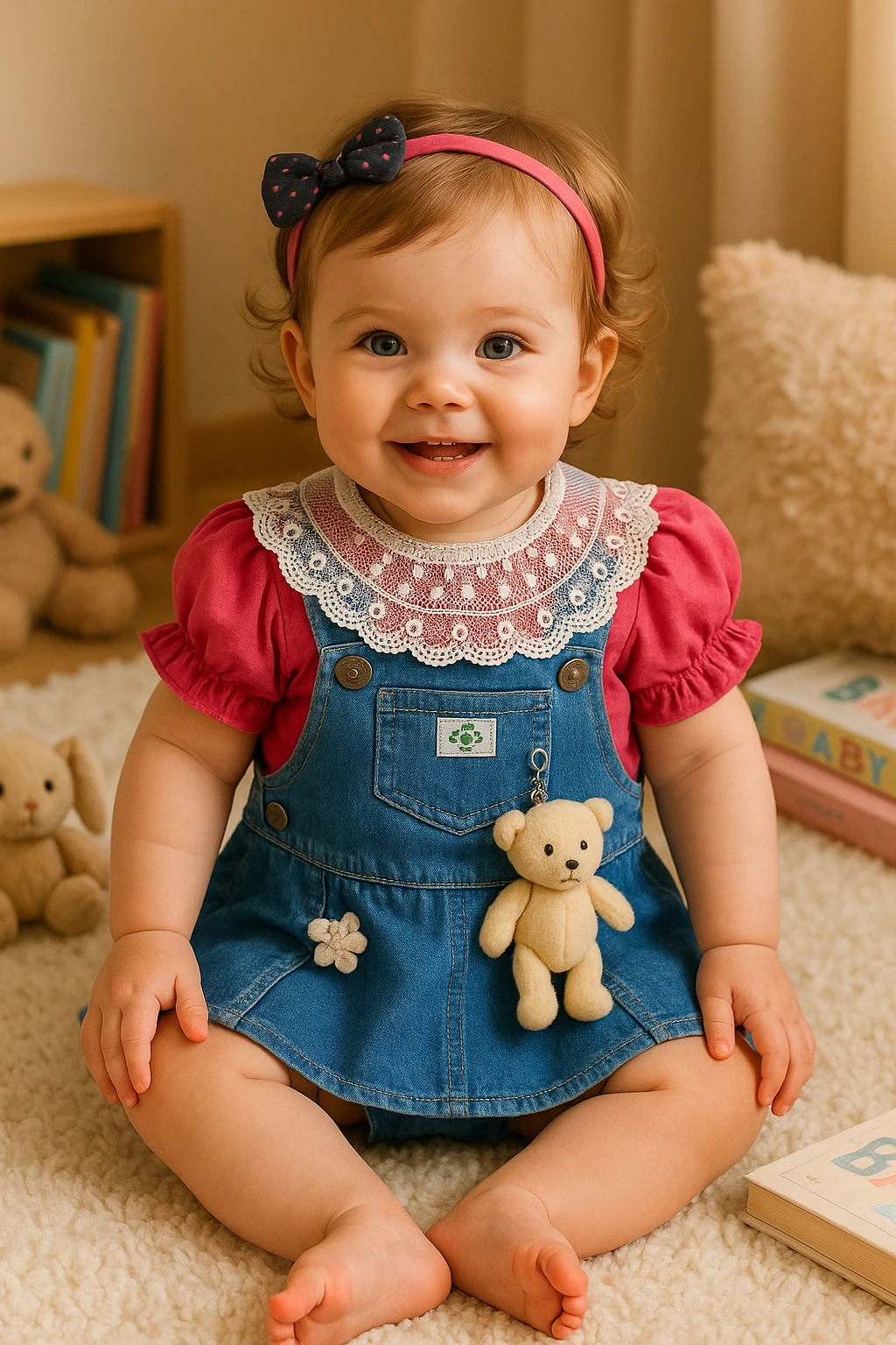 Ayıcık Oyuncaklı Dantel Yakalı Kot Elbise - Fuşya