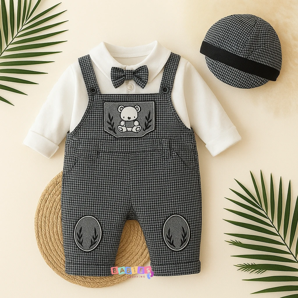 Şapkalı Papyonlu Erkek Bebek Pamuklu 3'lü Takım Seti