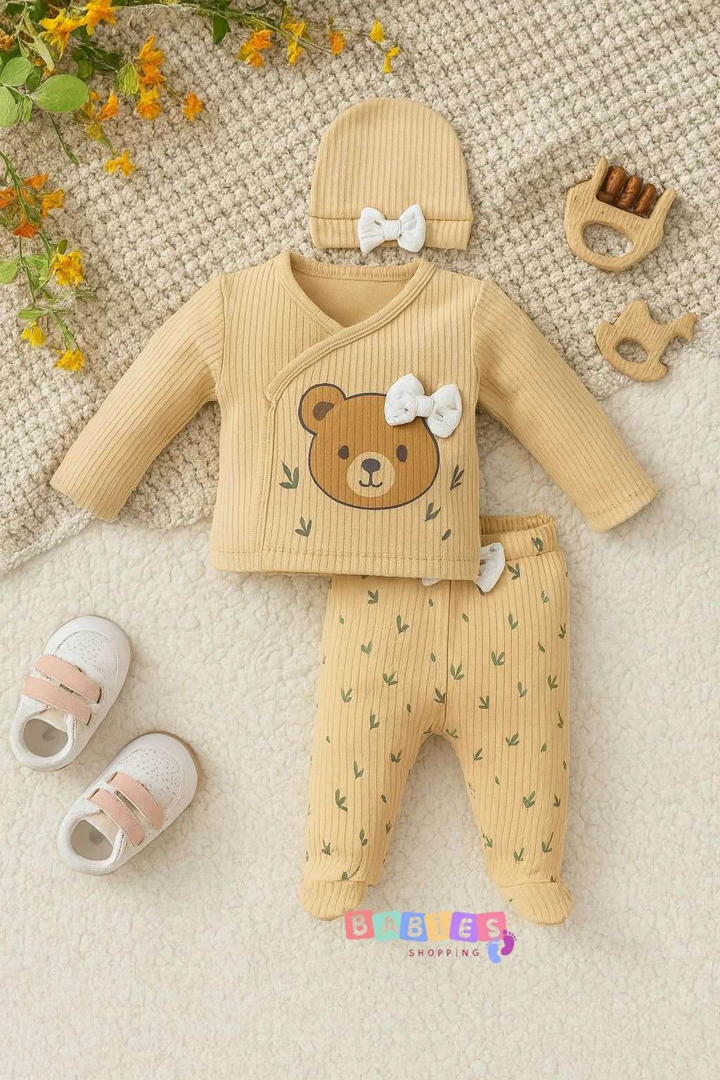 Ayıcık Baskılı Üçlü Yenidoğan Hastane Çıkışı - Bej