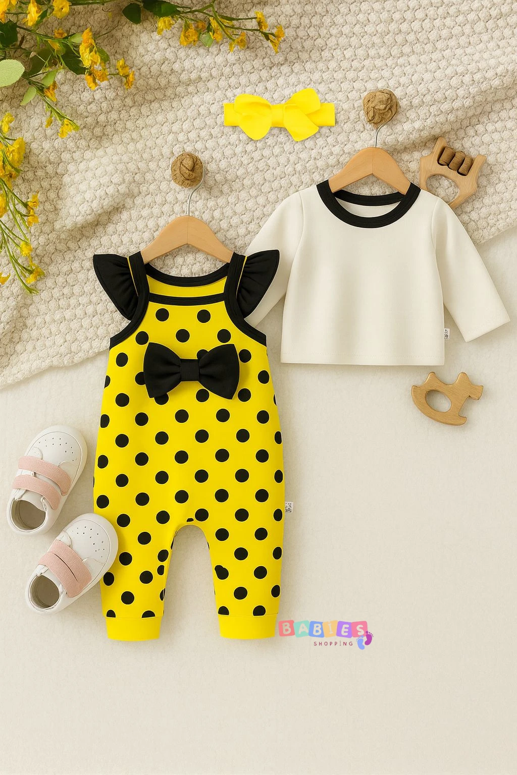 Puantiyeli Salopetli Saç Bantlı Üçlü Tulum Set - Sarı