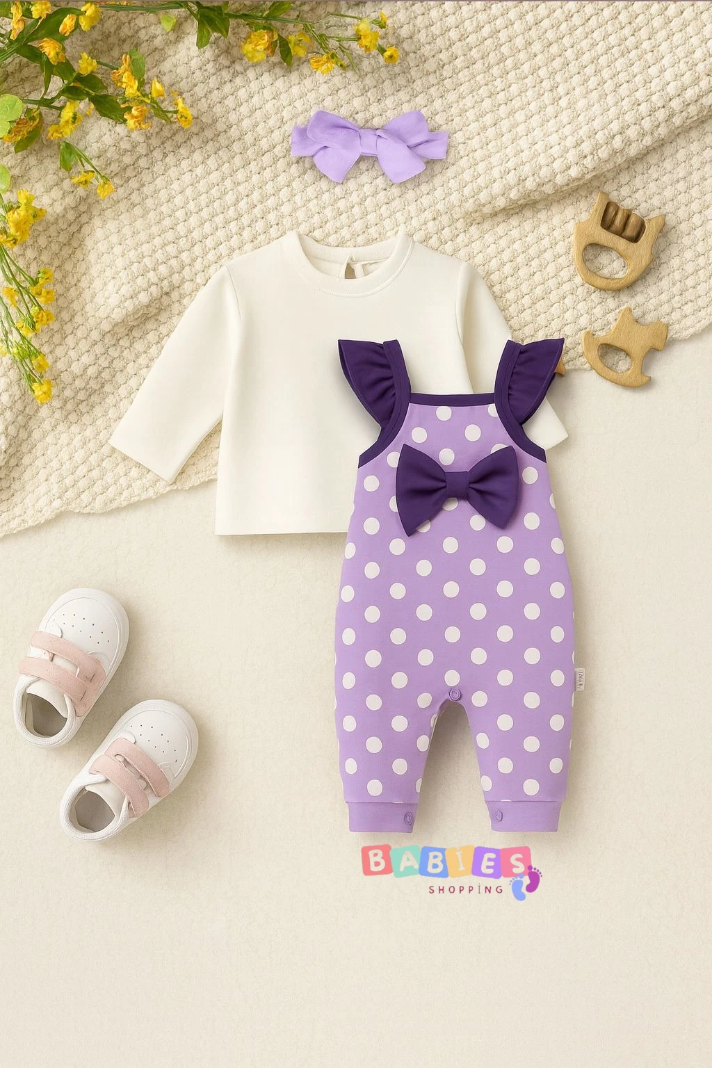 Puantiyeli Salopetli Saç Bantlı Üçlü Tulum Set - Lila