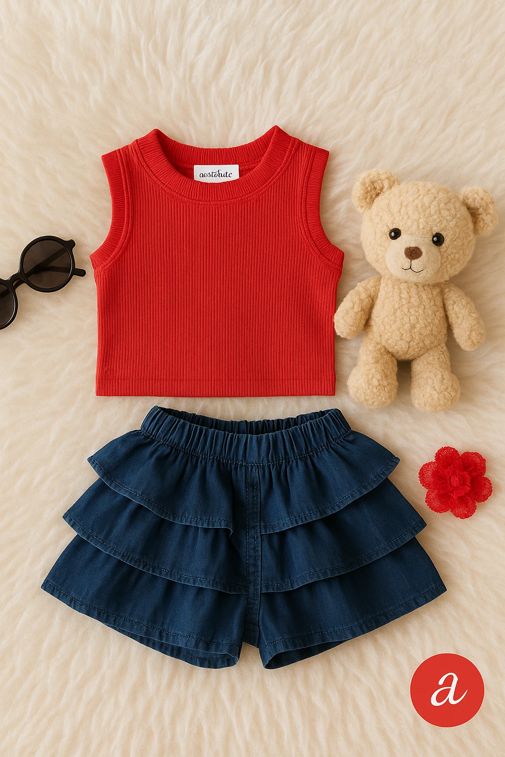 Fırfırlı Kat Kat Şort Etek İkili Takım - Kırmızı