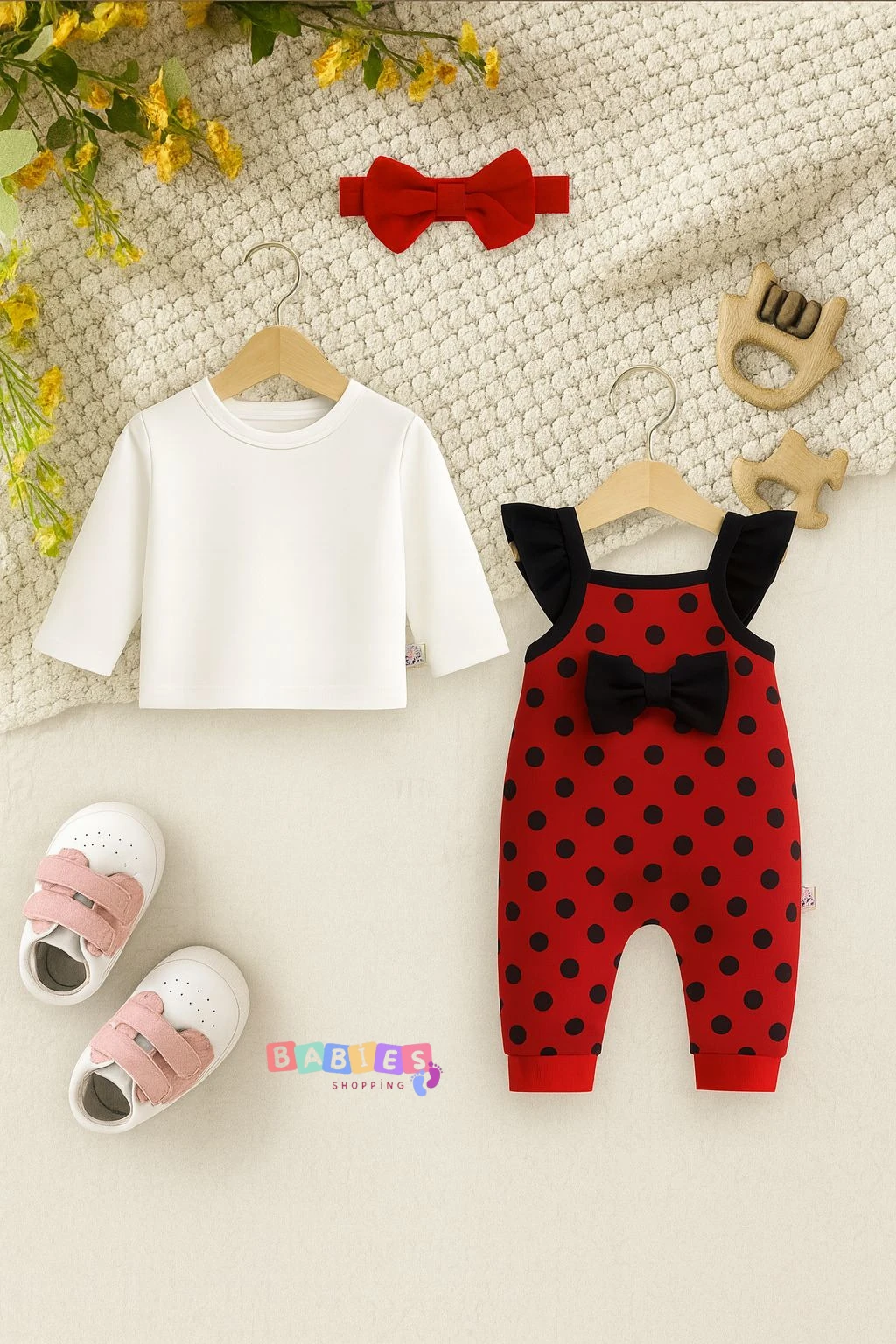 Puantiyeli Salopetli Saç Bantlı Üçlü Tulum Set - Kırmızı