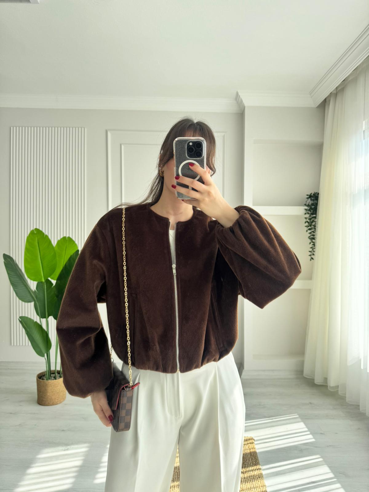 LİNDA FERMUARLI BOMBER CEKET  - KAHVERENGİ