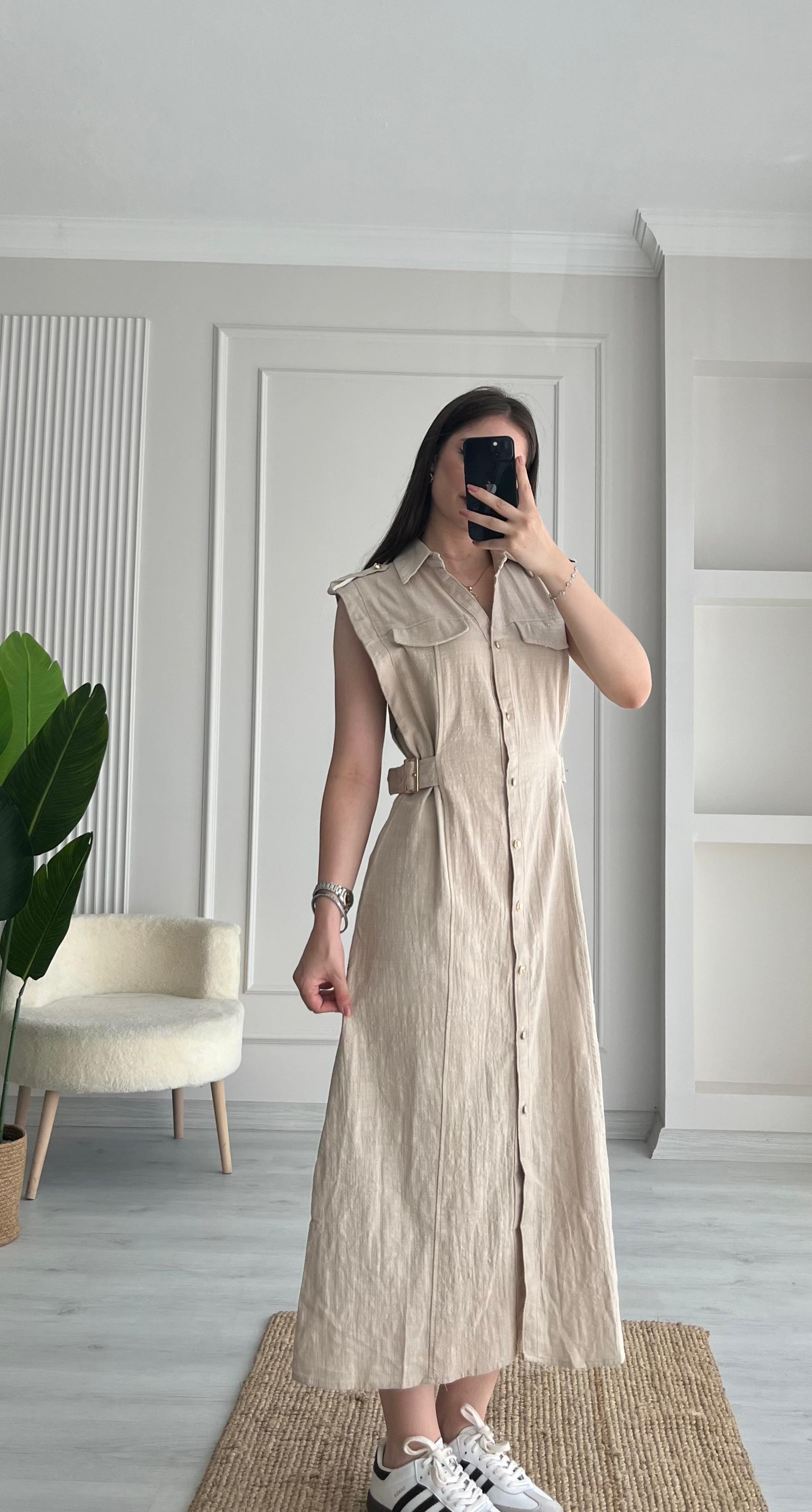 KETEN GOLD DÜĞMELİ ELBİSE