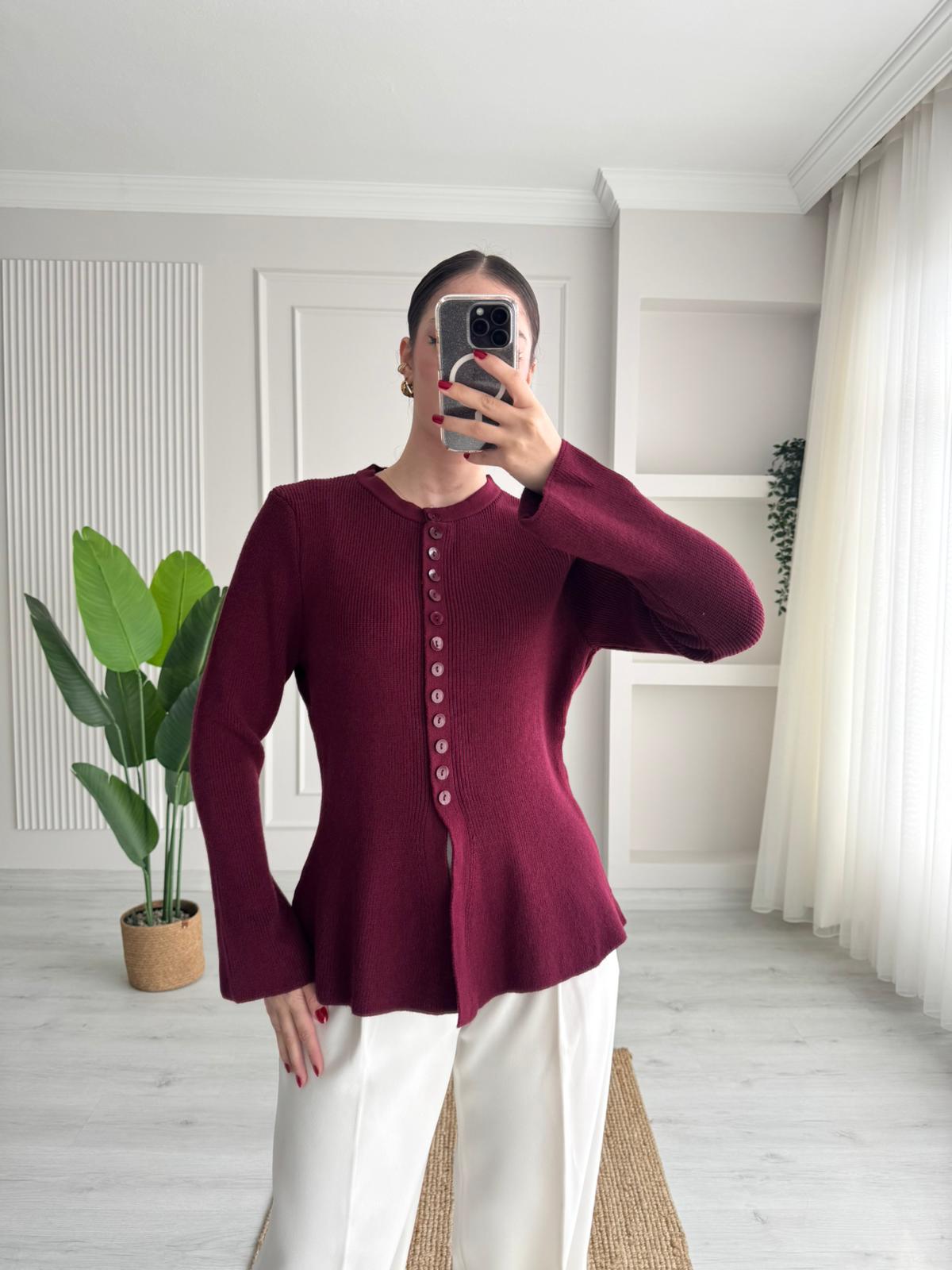 DÜĞMELİ TRİKO KAZAK  - BORDO