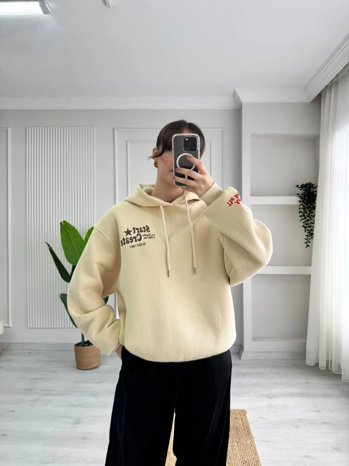 ARKA BASKILI SWEAT - BEJ