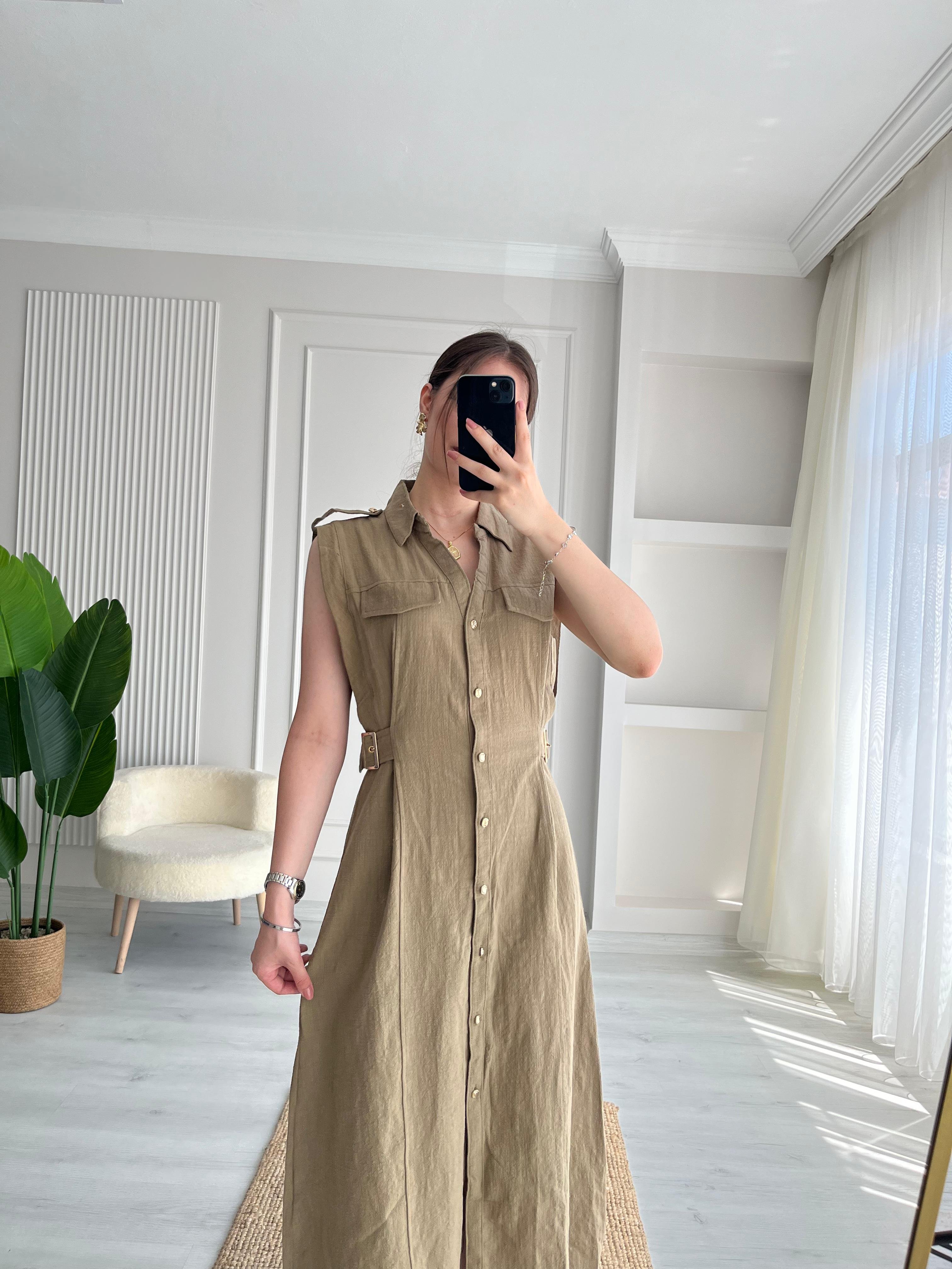 KETEN GOLD DÜĞMELİ ELBİSE