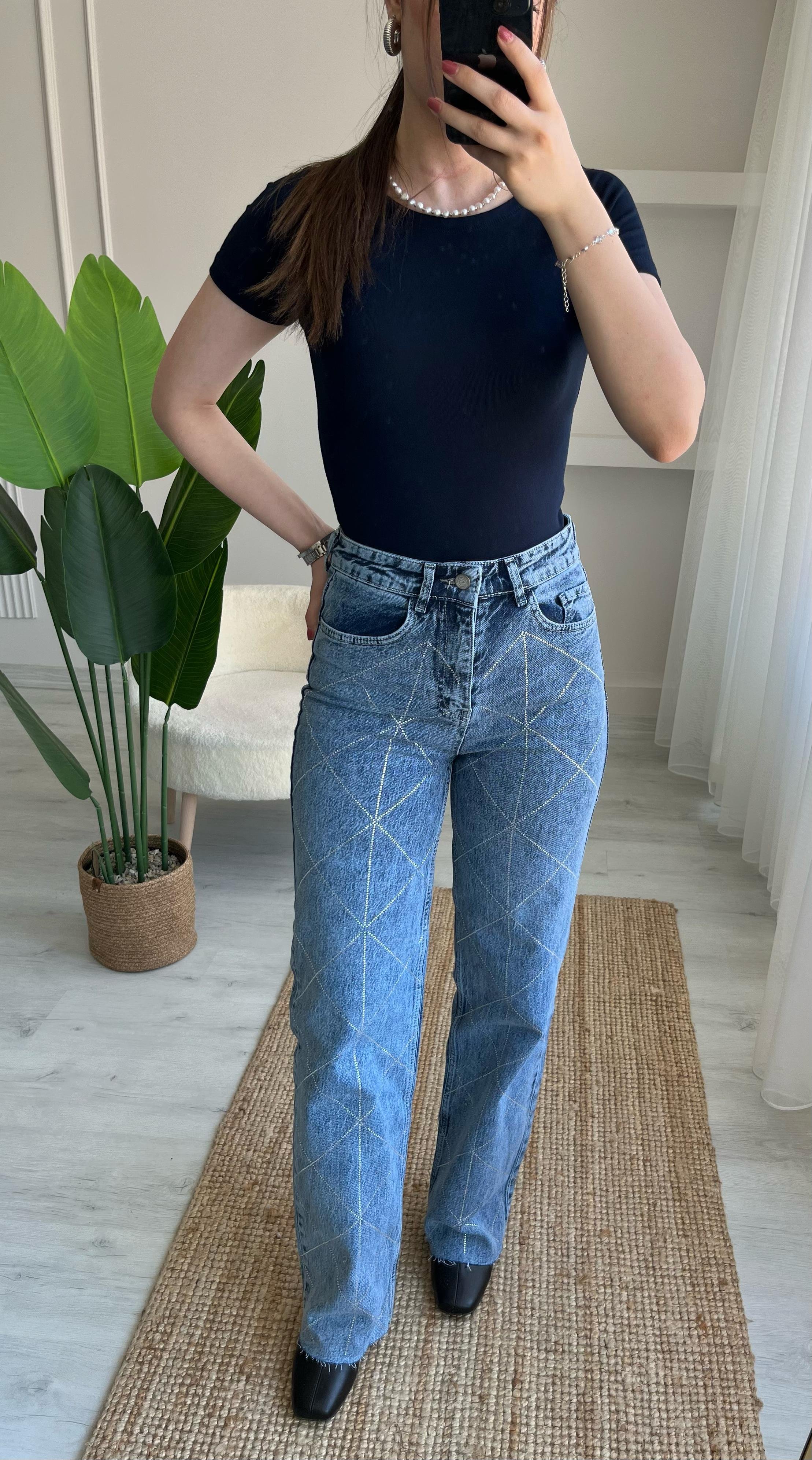 TAŞLI YÜKSEK BEL JEAN