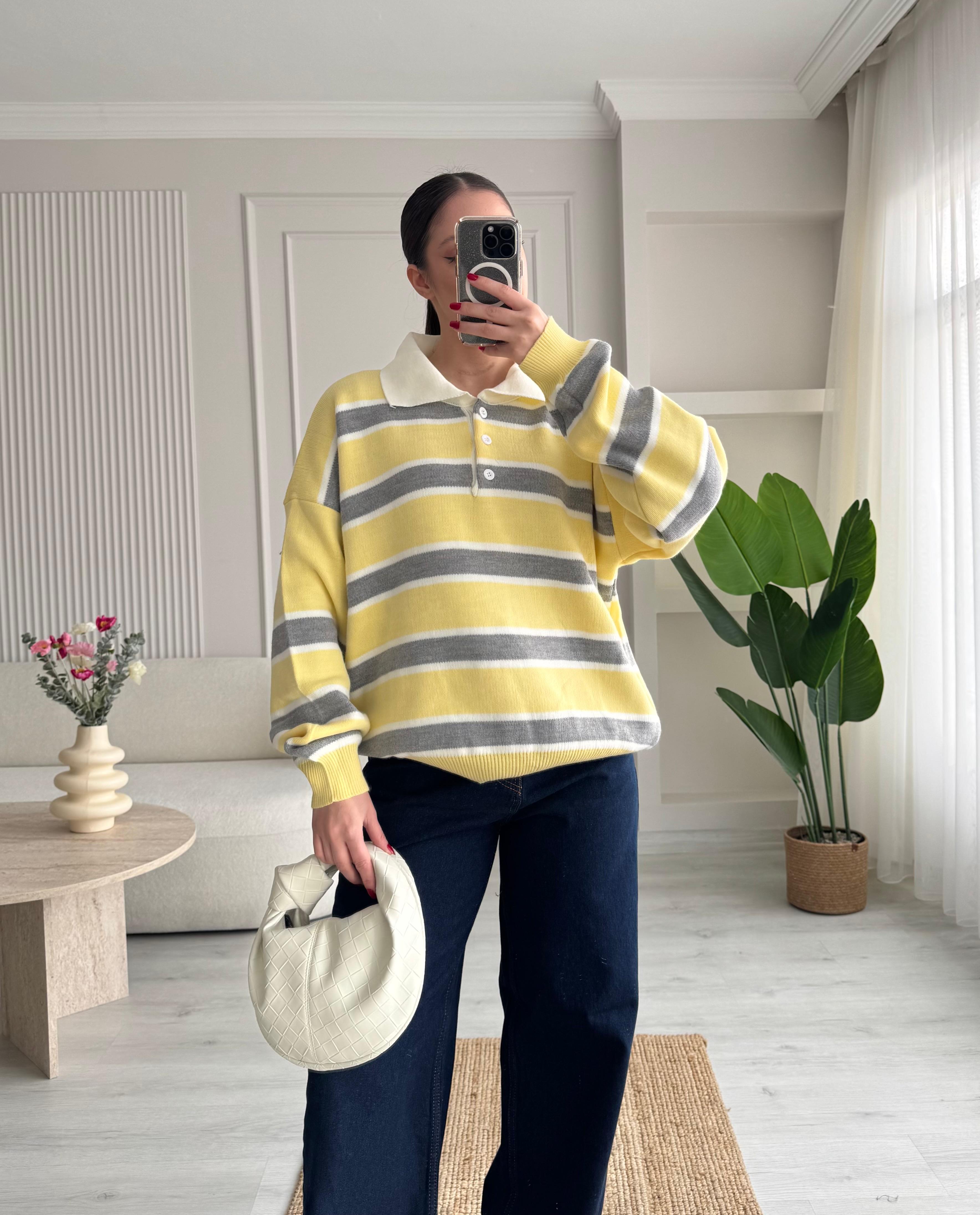 ÇİZGİLİ POLO YAKA DÜĞMELİ TRİKO  - SARI