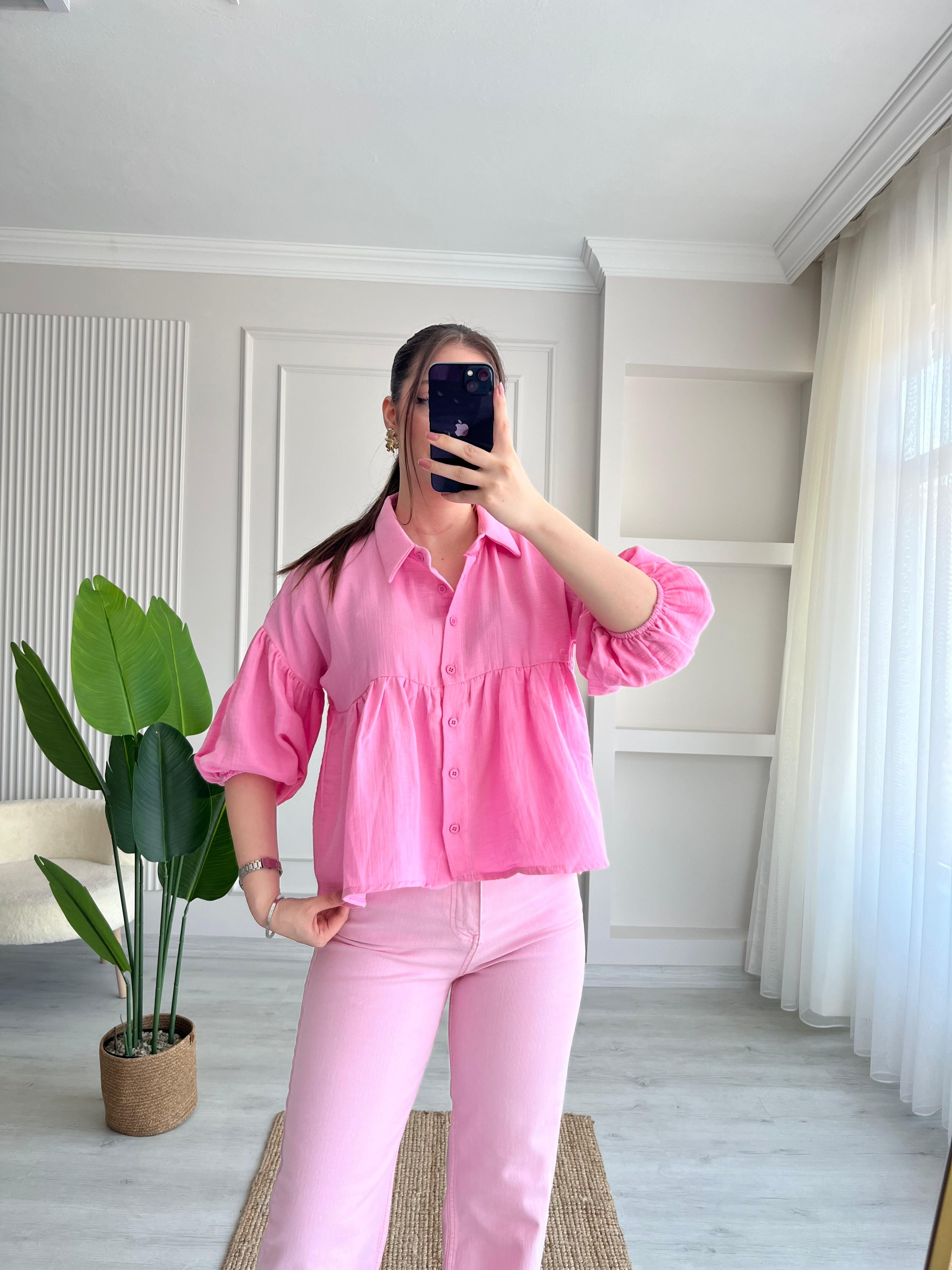 BALON KOL MÜSLİN GÖMLEK - PEMBE