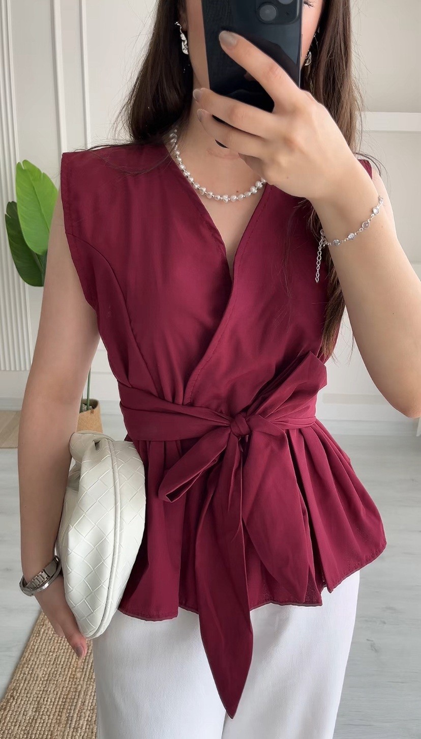 KUŞAKLI VOLAN BLUZ - BORDO