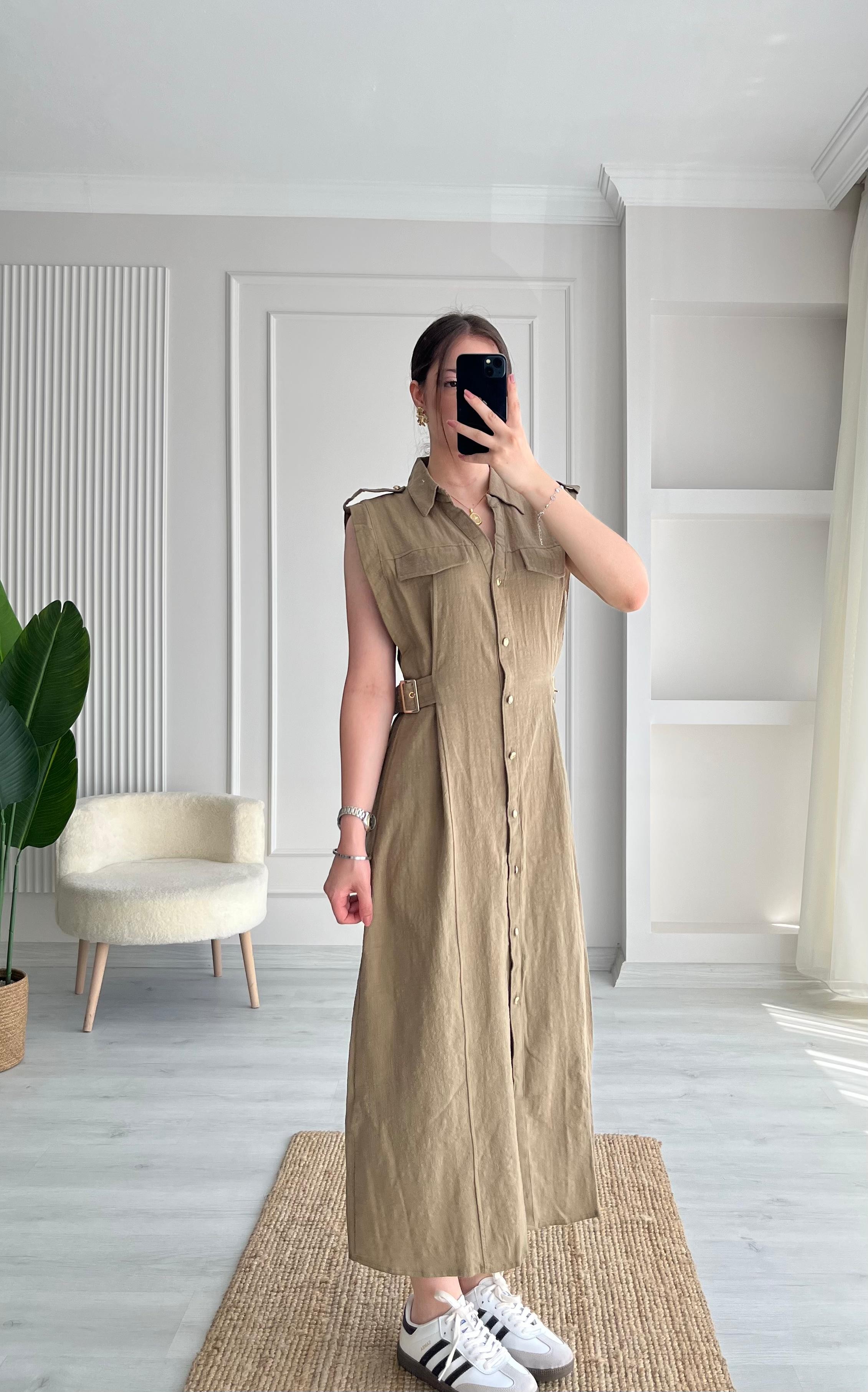 KETEN GOLD DÜĞMELİ ELBİSE
