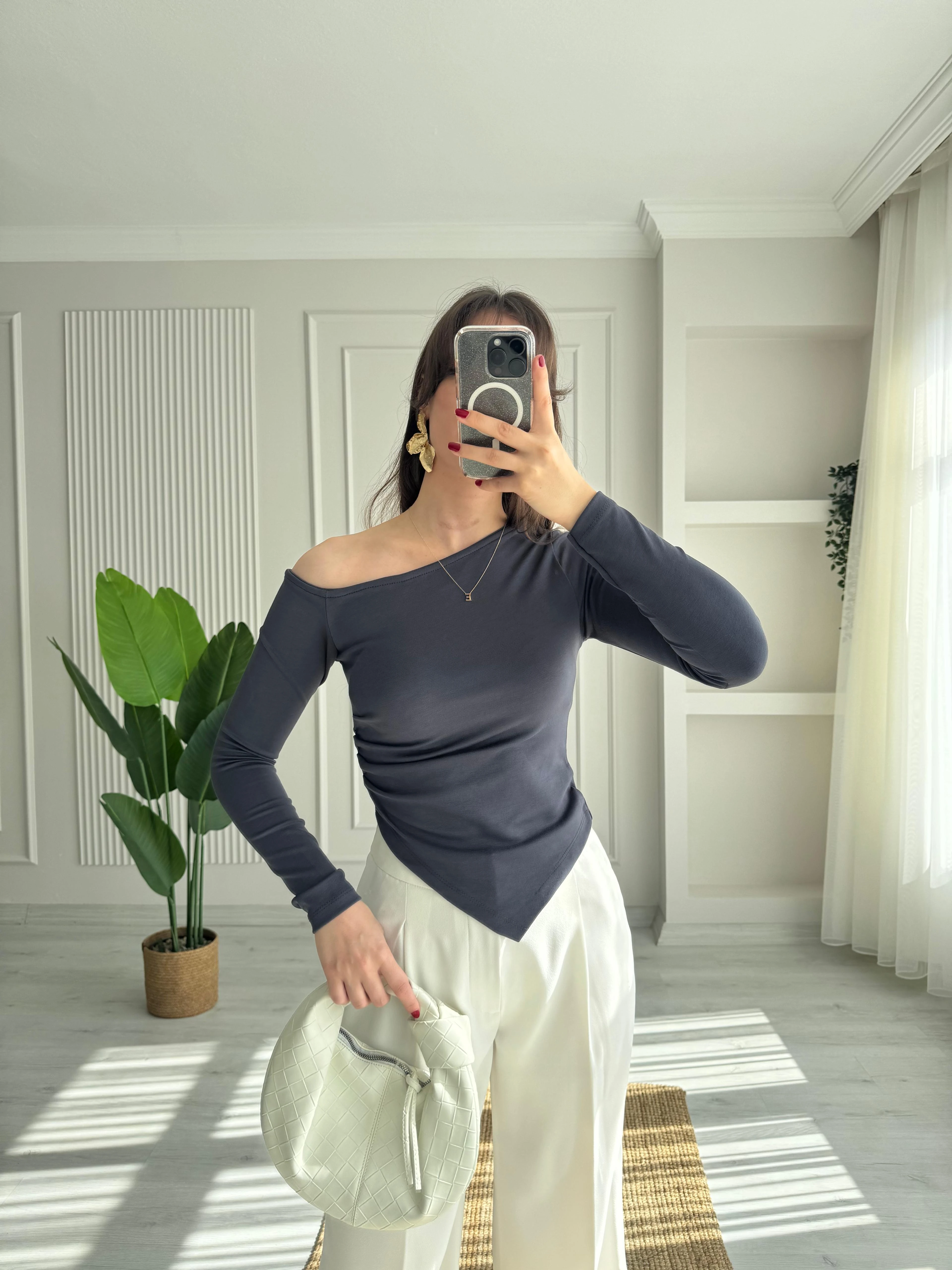 ASİMETRİK YAKA BLUZ  - ANTRASİT