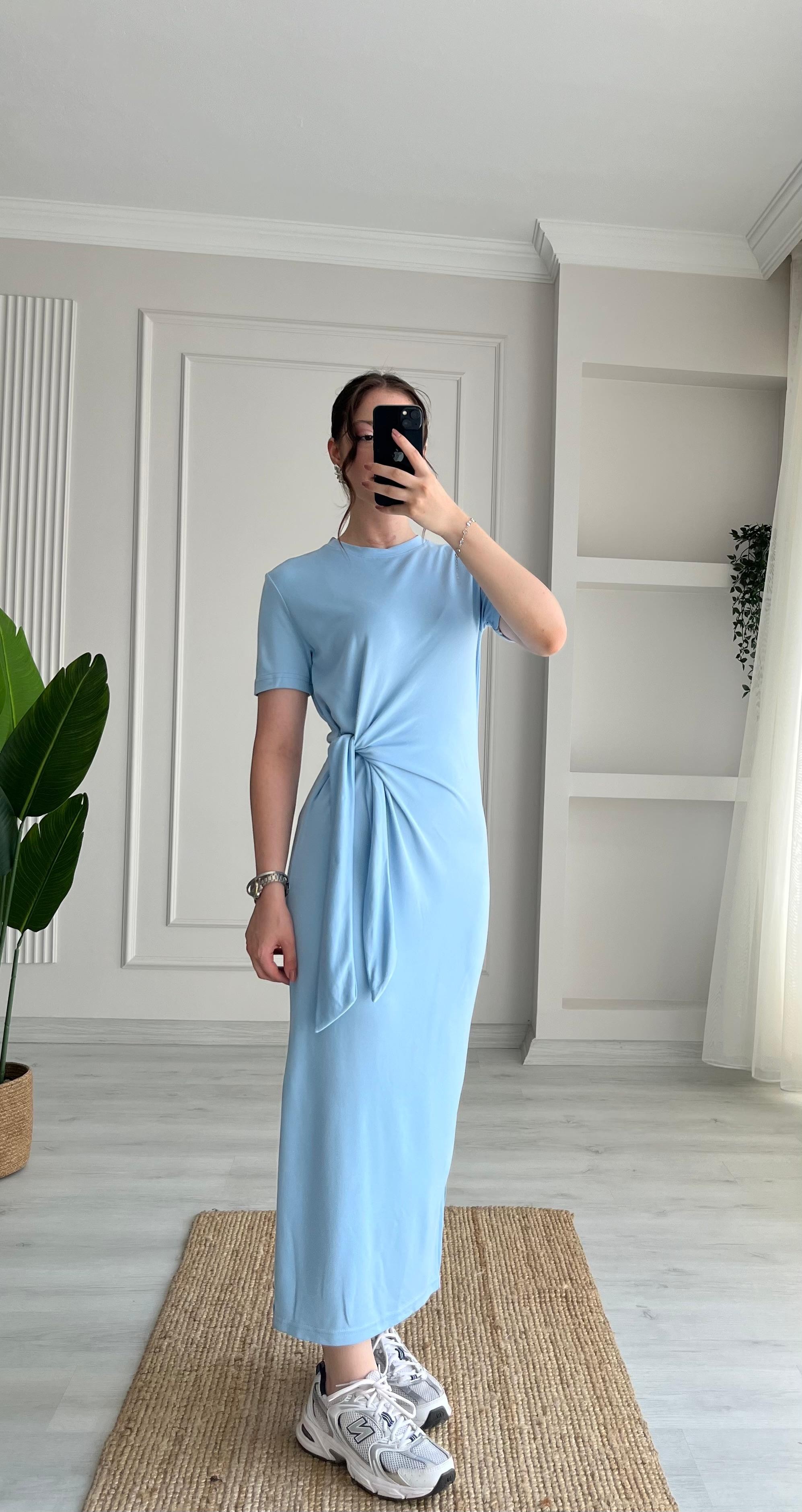 YAN BAĞCIKLI MAXİ ELBİSE - MAVİ