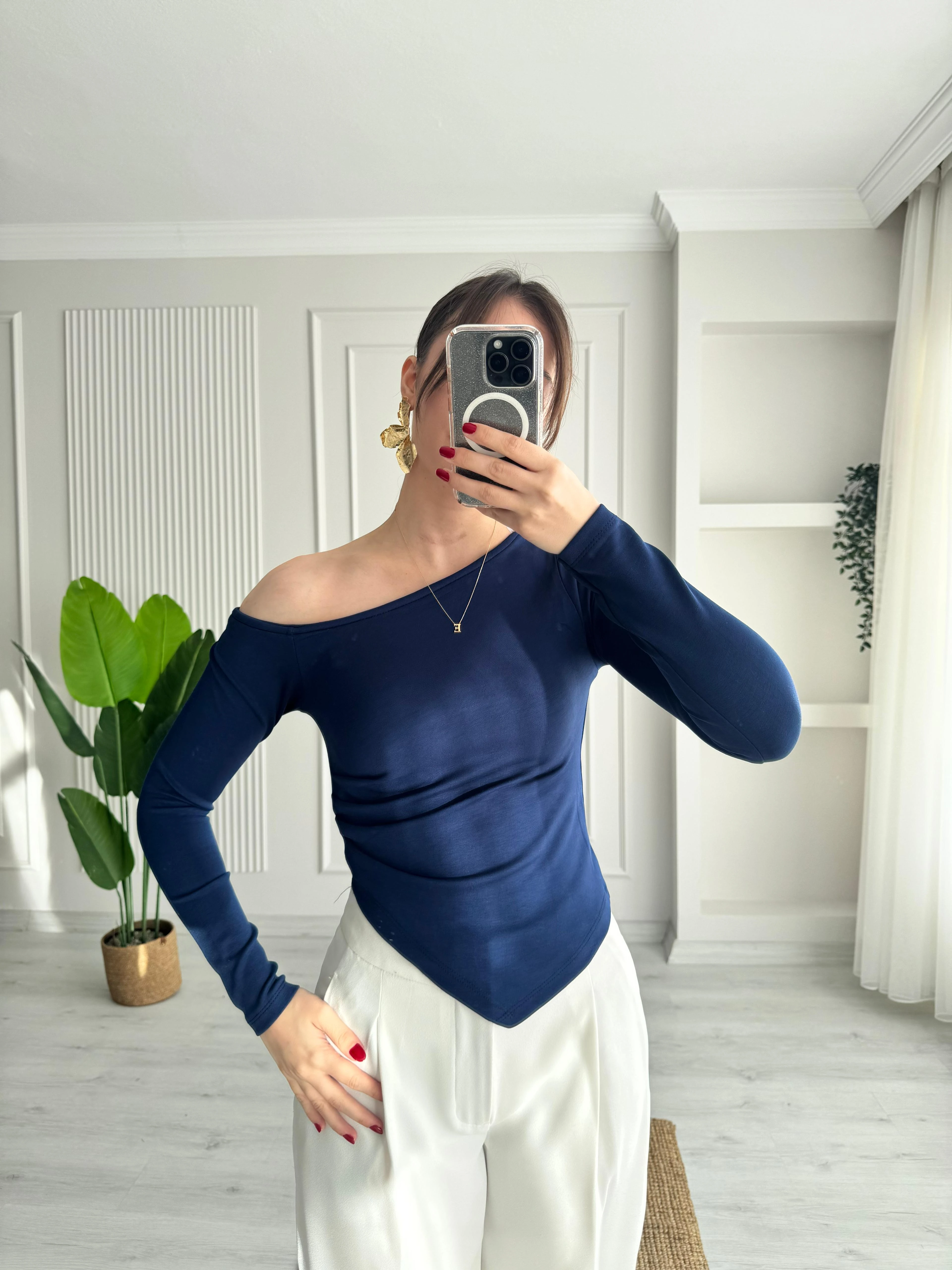 ASİMETRİK YAKA BLUZ  - LACİVERT