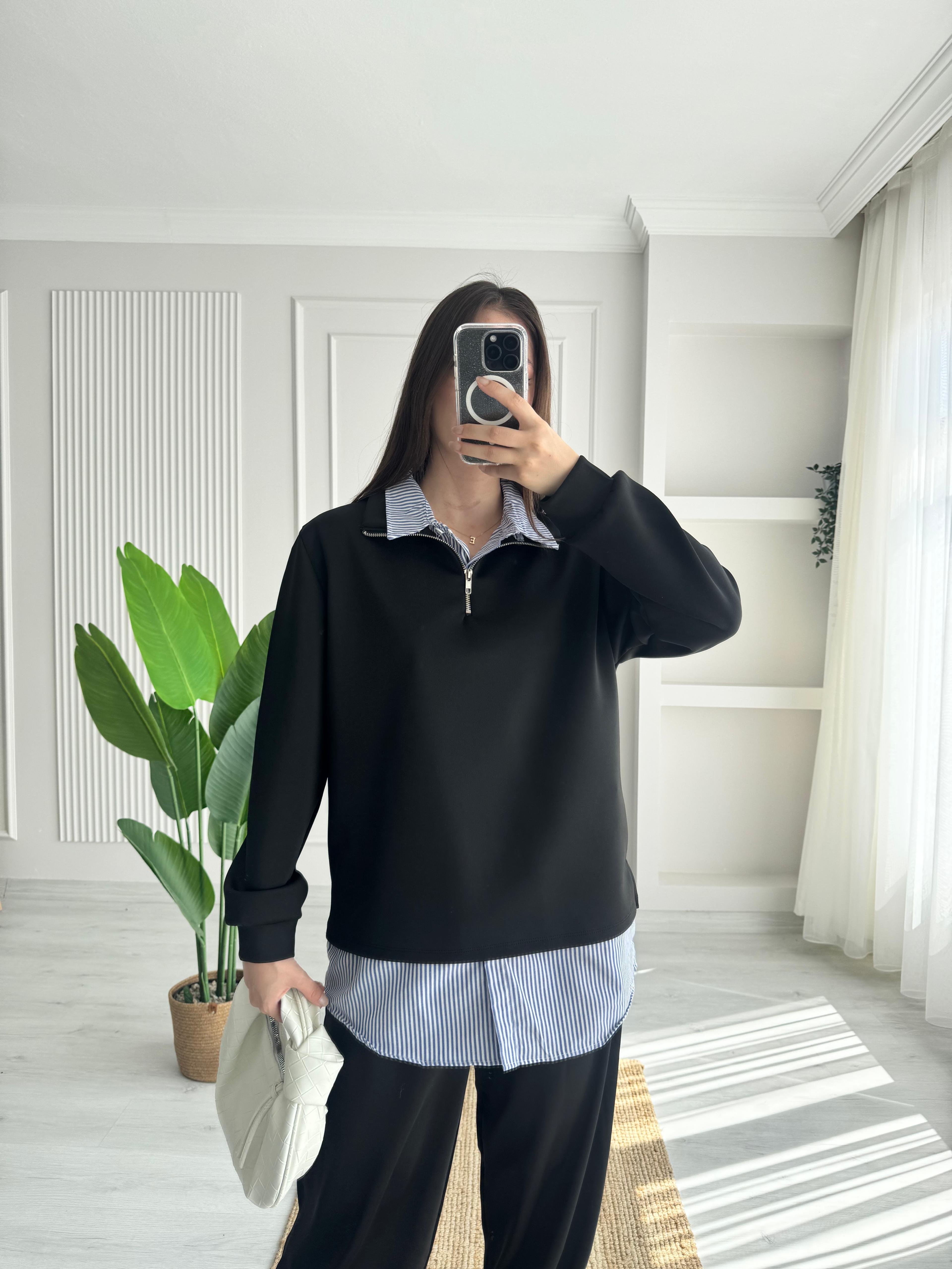 Scuba Kumaş Sweatshirt – İç Gömlek Detaylı - SİYAH