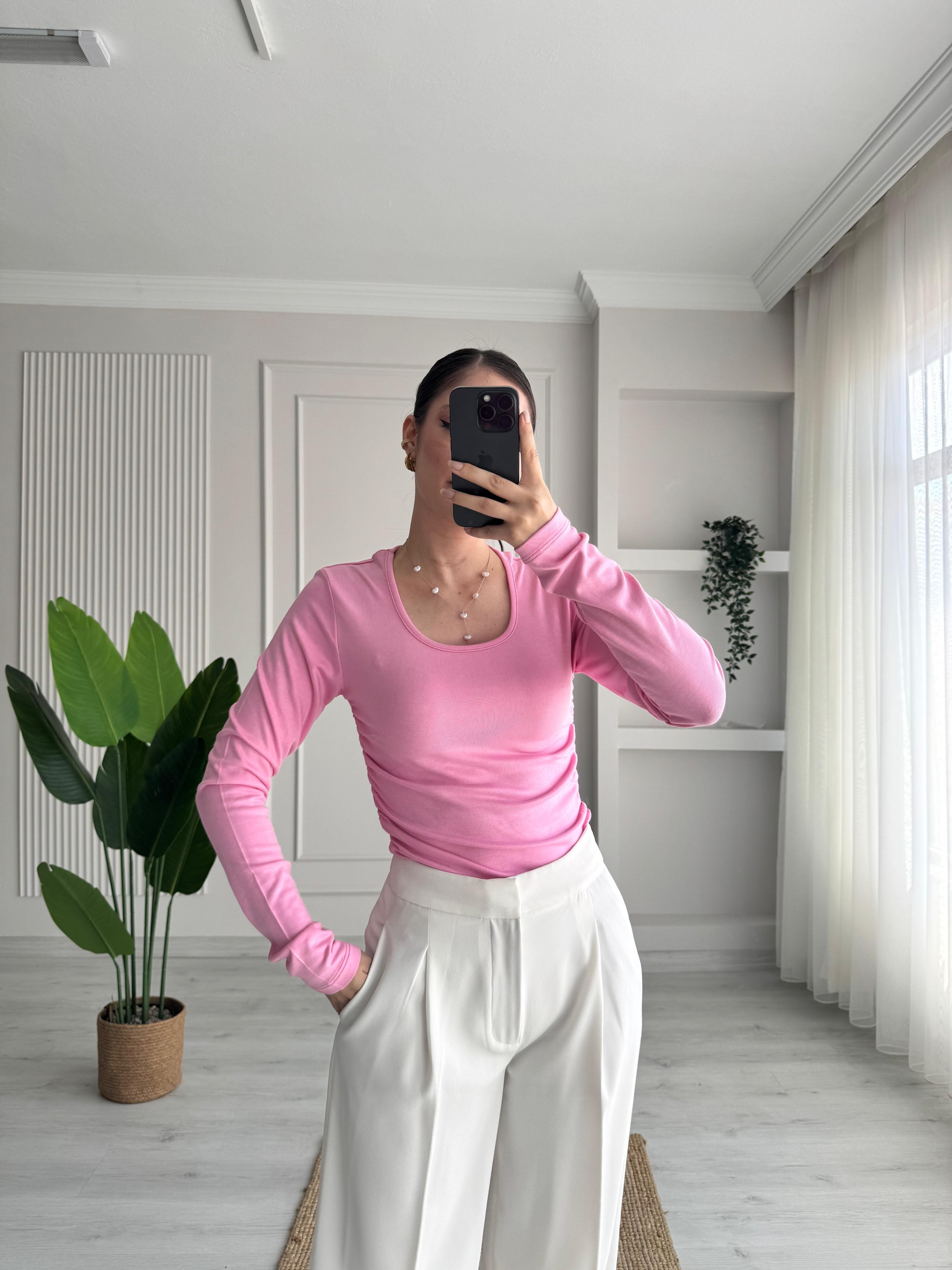 BÜZGÜLÜ BLUZ - PEMBE