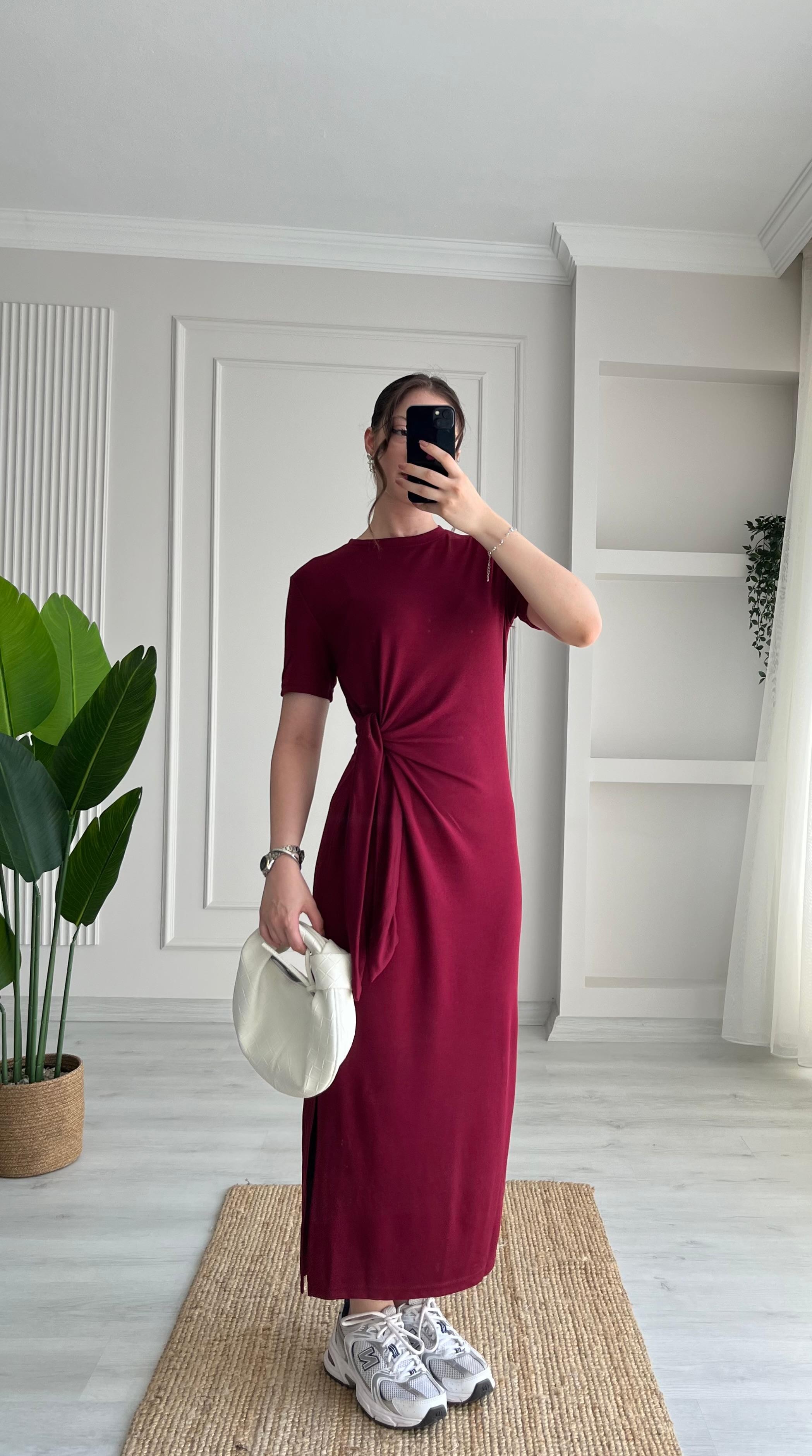 YAN BAĞCIKLI MAXİ ELBİSE - BORDO