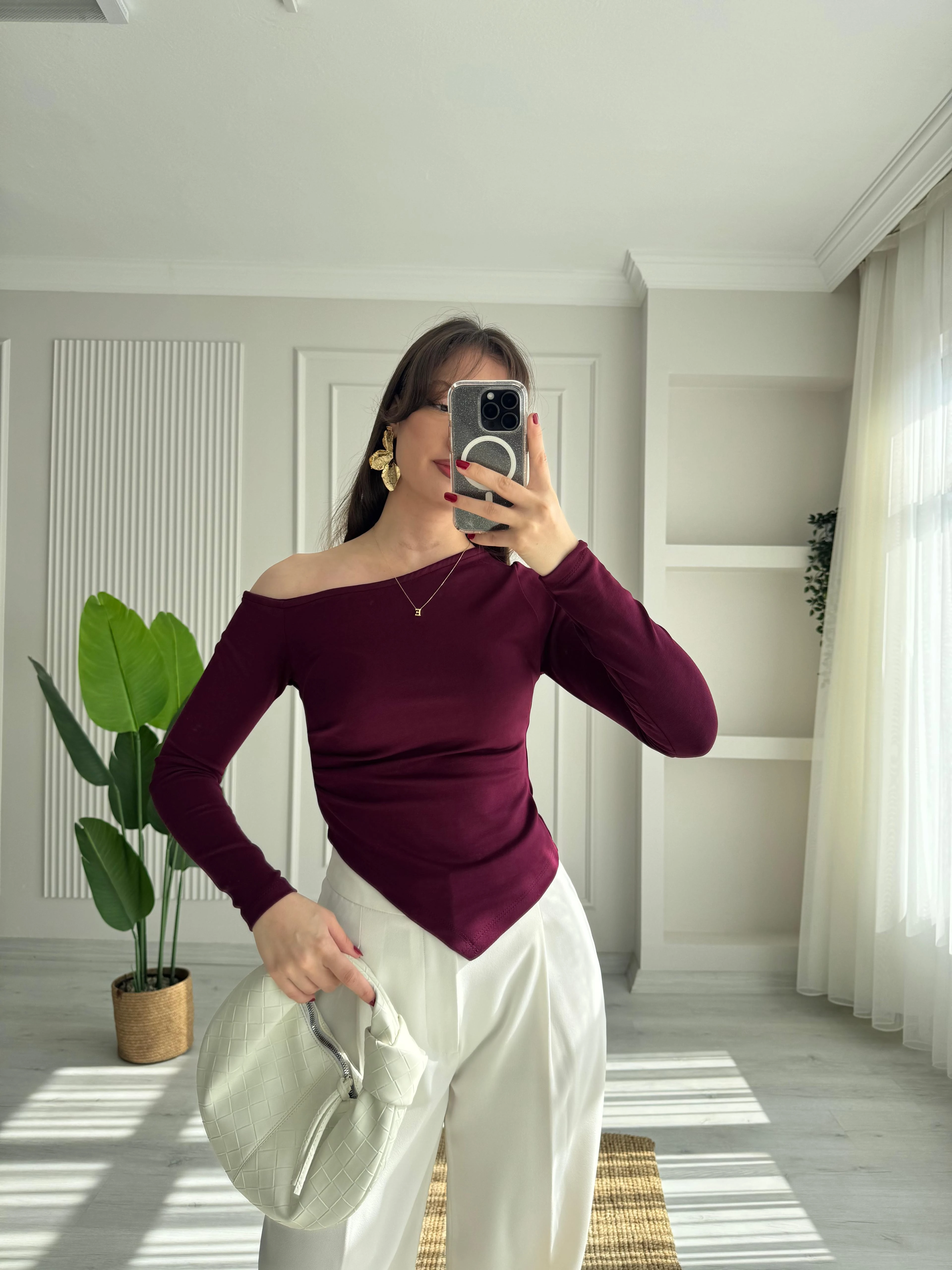 ASİMETRİK YAKA BLUZ  - MÜRDÜM