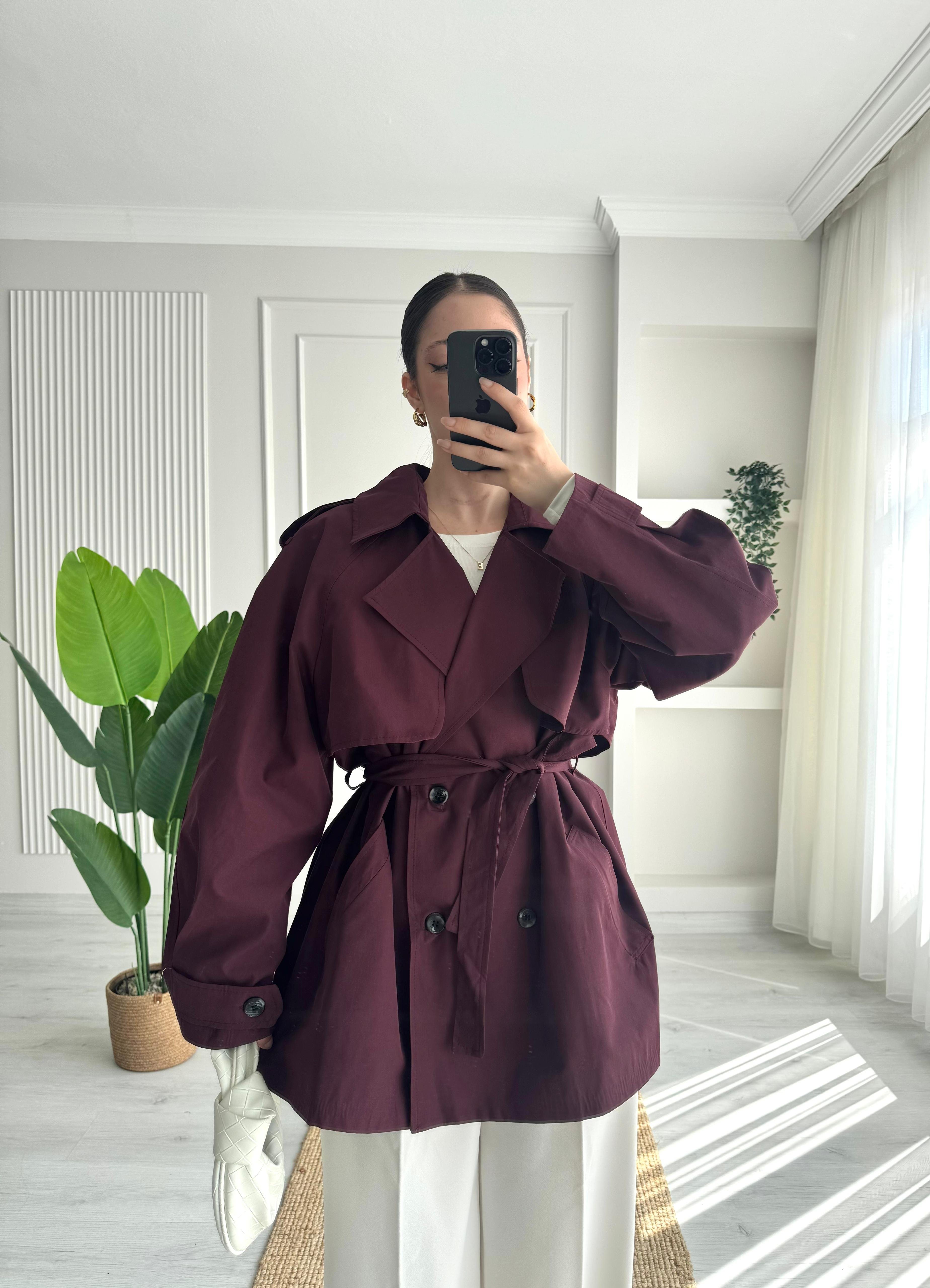 PREMİUM ARA BOY TRENÇKOT - BORDO