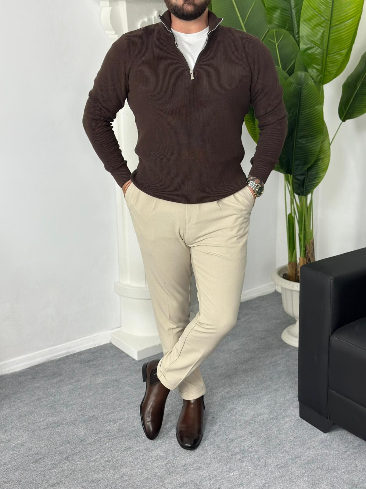 örme yarım fermuar triko kazak - Kahverengi