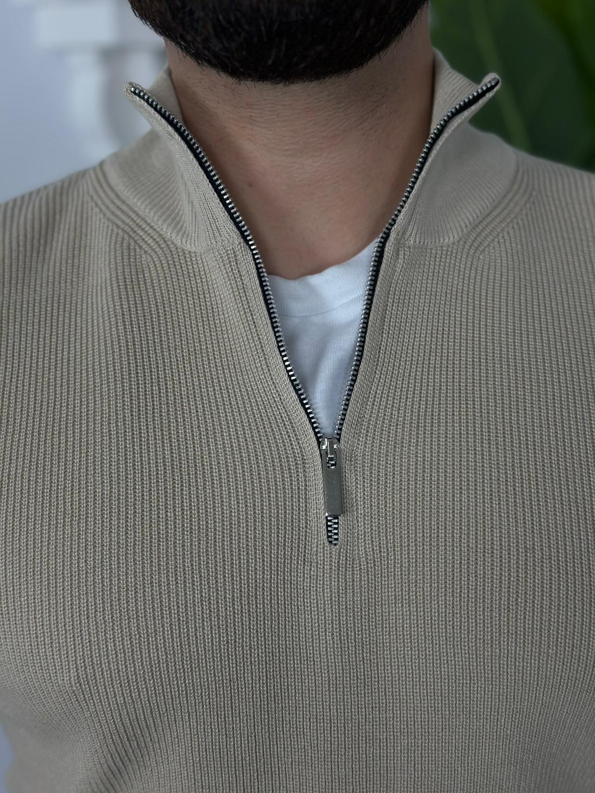 örme yarım fermuar triko kazak - Bej