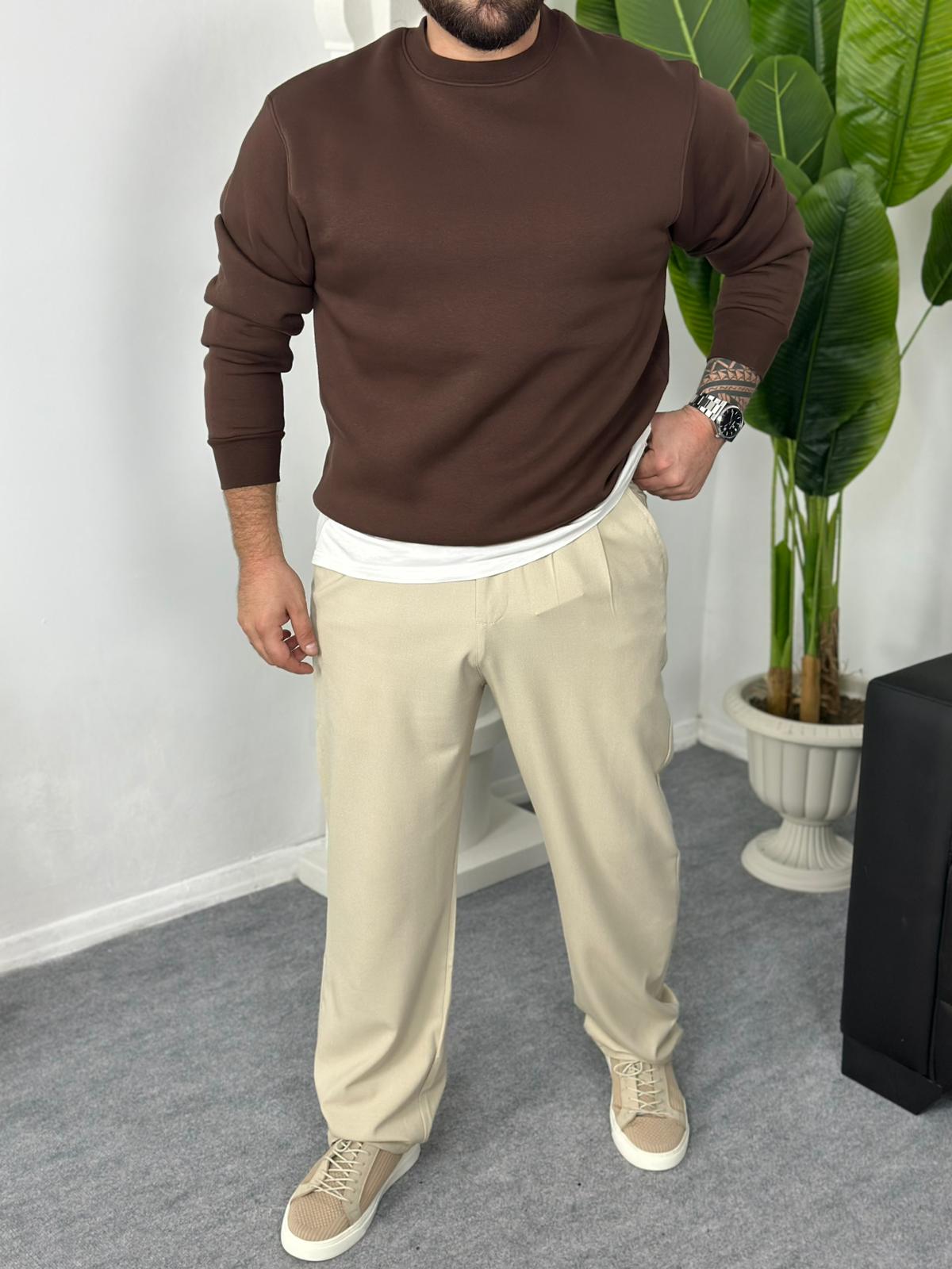 üç iplik bisiklet yaka şardonlu sweat - Kahverengi