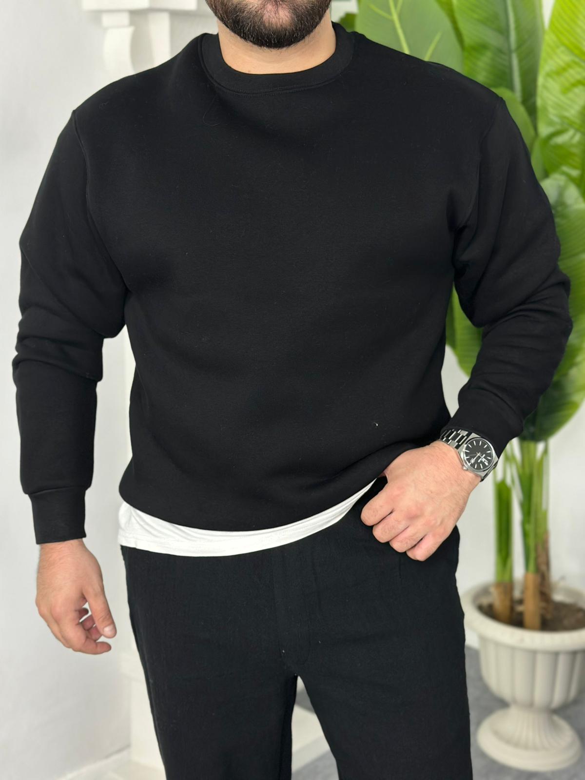 üç iplik bisiklet yaka şardonlu sweat - Siyah