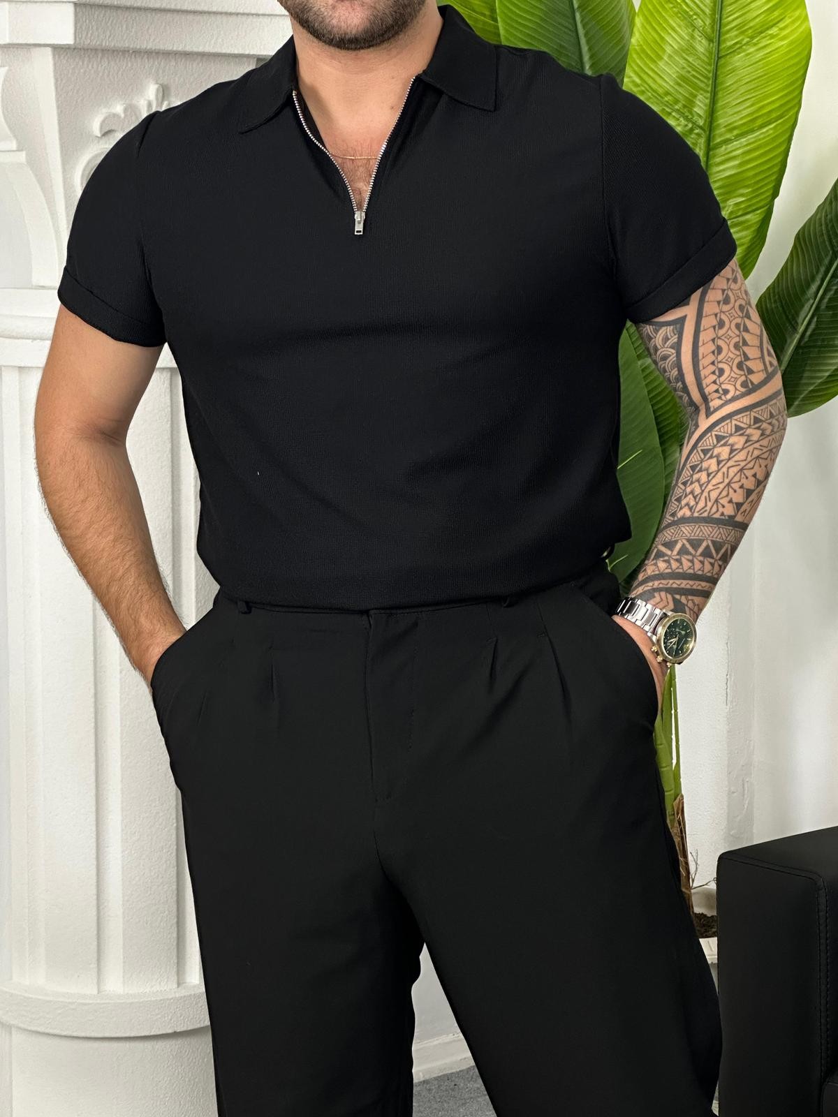 Pıtırcık Polo Yaka Fermuarlı T-shirt - Siyah
