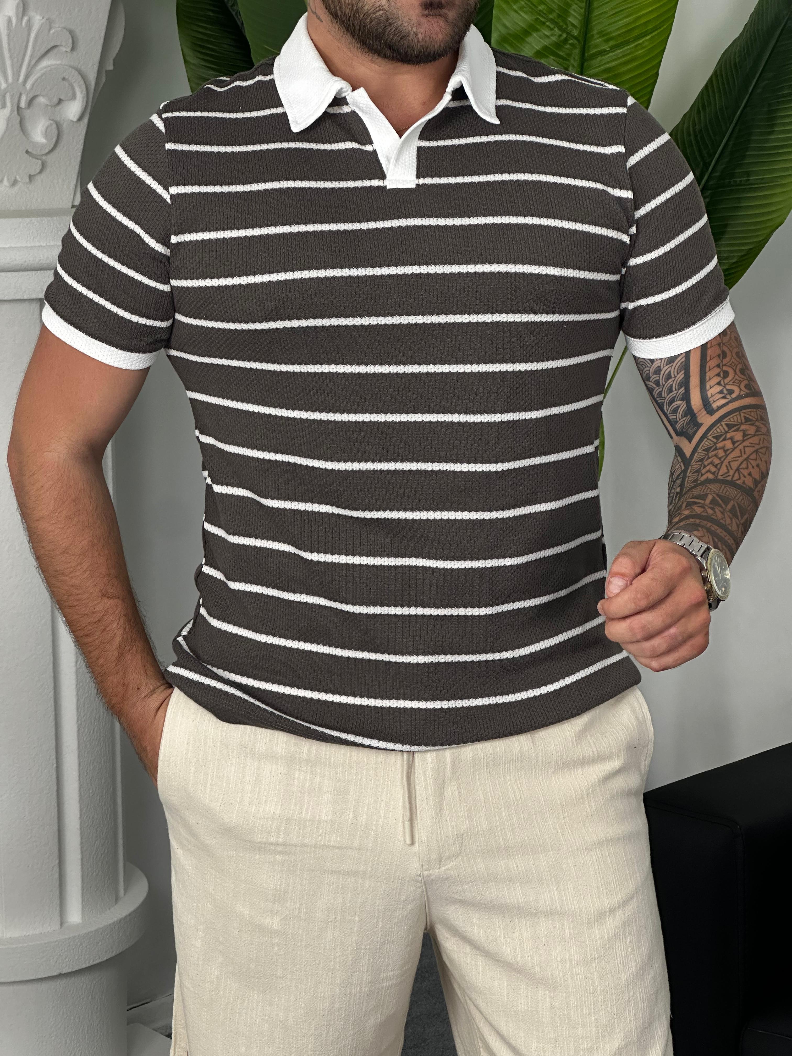 Polo Yaka Gofre T-shirt - Kahverengi