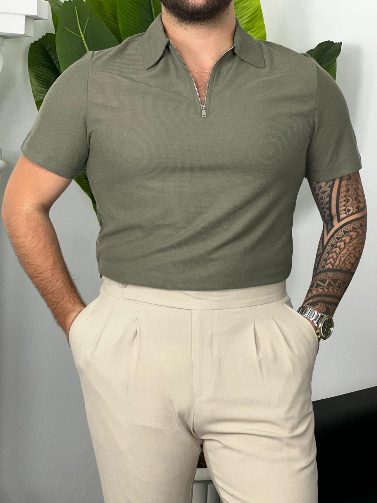 Pıtırcık Polo Yaka Fermuarlı T-shirt - Haki