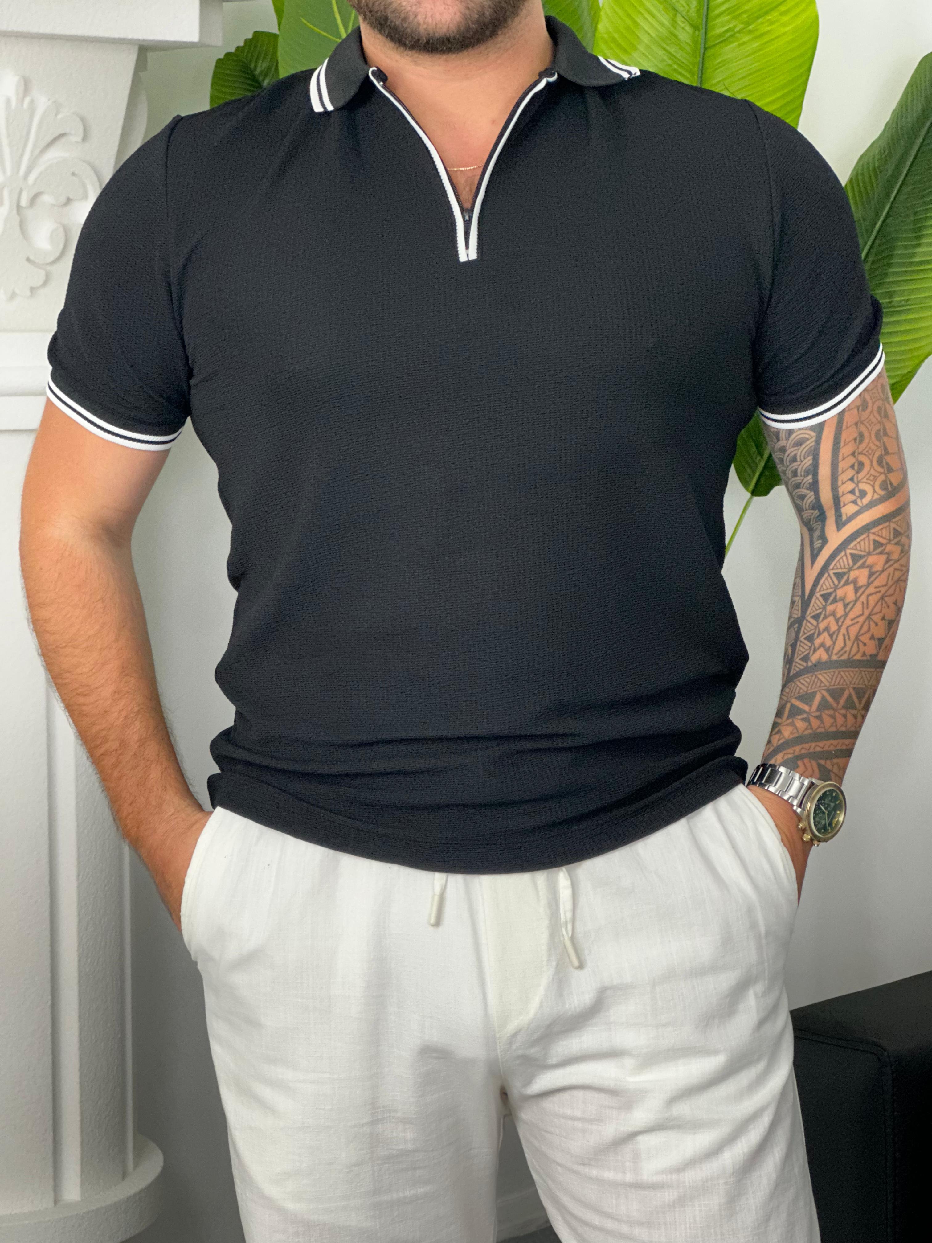 Polo Yaka Malibu Fermuarlı T-shirt - Siyah