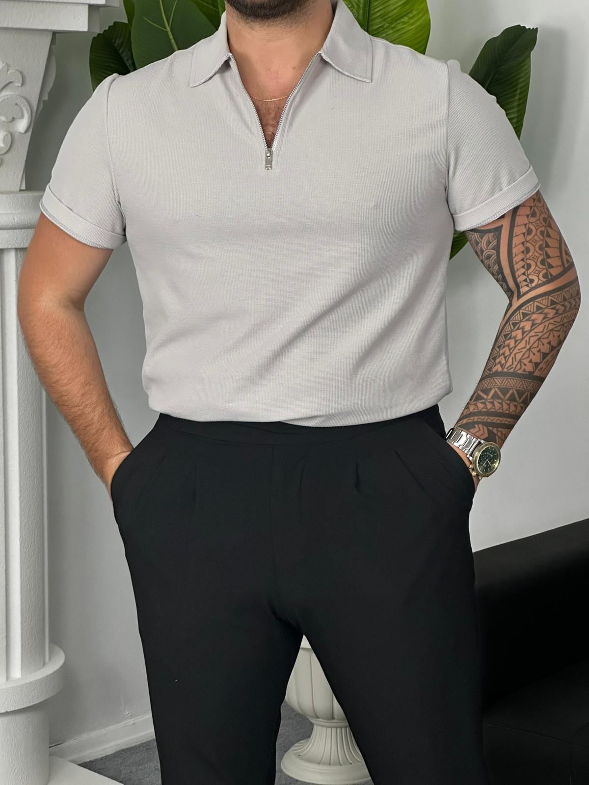 Pıtırcık Polo Yaka Fermuarlı T-shirt - Gri